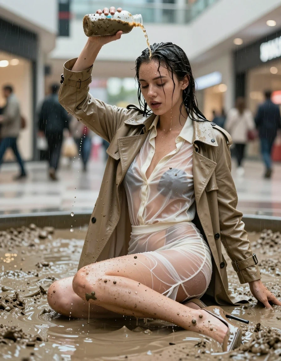 photo of young woman, in soaking wet, drenched clothes,
high-heels, see-through, transparent, crean white satin silk slim floor-length skirt, see-through, tranparent, cream white satin silk blouse, buttoned, long sleeves, trench coat, sitting in a muddy shower in the muddy water in the shopping mall, pouring a bottle of muddy water over her head, 
enjoying, wet clothes stuck to body,
detailed textures of the wet clothes, wet face, wet plastered hair,
wet, drenched, professional, high-quality details, full body view.
sharp focus, ultra-high pixel detail, realistic, high-quality, full colors, incredibly detailed, 4k, 8k, 16k, hyper-realistic, RAW photo, masterpiece, ultra-detailed, professionally color graded, professional photograph, muddy clothes, heavy rain, completely soaked, drenched, dripping wet, visible breasts, wet skin, wet clothes, damp fabric, wet skin, wet clothes, damp fabric, wet skin, wet clothes, damp fabric, wet skin, wet clothes, damp fabric, wet skin, wet clothes, damp fabric, wet skin, wet clothes, damp fabric