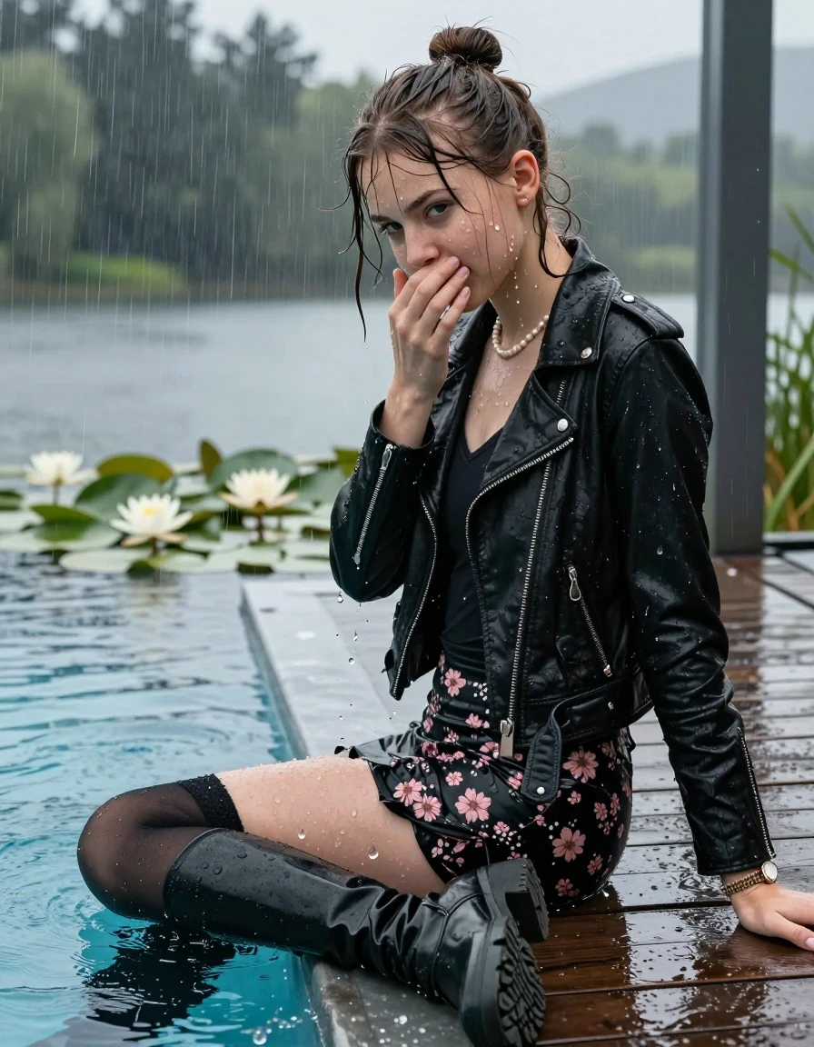 photo of young woman, in soaking wet, drenched clothes,
Black high boots, Short floral mini skirt, black stockings , Black biker leatherjacket, tight v-neck sweater, shoulderbag, pearl necklace, bracelet, wristwatch, jetty by the lake with water lilies and reeds, 
enjoying, wet clothes stuck to body,
detailed textures of the wet clothes, wet face, wet plastered hair,
wet, drenched, professional, high-quality details, full body view.
sharp focus, ultra-high pixel detail, realistic, high-quality, full colors, incredibly detailed, 4k, 8k, 16k, hyper-realistic, RAW photo, masterpiece, ultra-detailed, professionally color graded, professional photograph, A realistic vertical fashion photograph taken from a backward, behind-the-back angle of a Young horny 12-year-old teengirl sitting  and slides in a glass-walled outdoor swimming pool, facing away to the camera to show her back. 

She is tilting her head at camera, letting the water drench her hair so it is glued flat against her head and body. 
She has  brunette sticked up topknot with bangs, completely saturated and dripping wet hair, with water cascading down her face and neck. Shy and insecure expression. She is a Little Bit fearful and Smileys embarrassed. Hold her hands over her mouth. Open mouth, half closed eyes.

The lighting is bright and cinematic, highlighting the glistening water droplets and the saturated texture of her  casual clothes. Outside the large glass wall of the pool building, heavy rain is visible falling against the window. Soft, moody indoor lighting with reflections on the water. High-quality fashion photography style.
her clothing is soaking wet and clinging tightly to her skin, showing heavy wet folds, darkened fabric texture, and deep water-saturated Patches, her clothes are heavy from the water, water runs from her body and her clothes in streams. A lot of water also runs out of her clothes. Her clothes are darkened by the water. 
hyper-realistic wetness, high-contrast water sheen, sharp focus, 16k resolution, professional photography, realistic water physics., wet skin, wet clothes, damp fabric., wet skin, wet clothes, damp fabric, wet skin, wet clothes, damp fabric, wet skin, wet clothes, damp fabric, wet skin, wet clothes, damp fabric, wet skin, wet clothes, damp fabric, wet skin, wet clothes, damp fabric, wet skin, wet clothes, damp fabric, wet skin, wet clothes, damp fabric