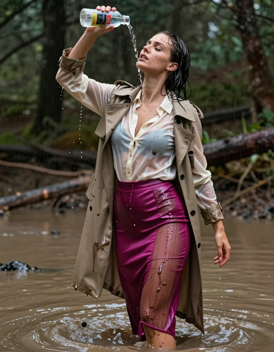 photo of young woman, in soaking wet, drenched clothes,
high-heels, see-through, magenta satin silk slim floor-length skirt, see-through, tranparent, cream white satin silk blouse, buttoned, long sleeves, trench coat, wading in a muddy puddle in the muddy water in the woods, pouring a bottle of muddy water over her head, 
enjoying, wet clothes stuck to body,
detailed textures of the wet clothes, wet face, wet plastered hair,
wet, drenched, professional, high-quality details, full body view.
sharp focus, ultra-high pixel detail, realistic, high-quality, full colors, incredibly detailed, 4k, 8k, 16k, hyper-realistic, RAW photo, masterpiece, ultra-detailed, professionally color graded, professional photograph, muddy clothes, heavy rain, completely soaked, drenched, dripping wet, visible breasts, wet skin, wet clothes, damp fabric, wet skin, wet clothes, damp fabric, wet skin, wet clothes, damp fabric, wet skin, wet clothes, damp fabric, wet skin, wet clothes, damp fabric, wet skin, wet clothes, damp fabric