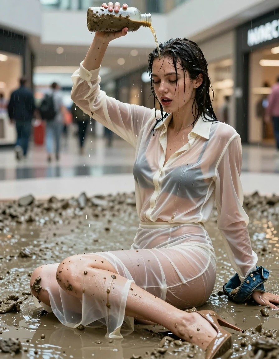 photo of young woman, in soaking wet, drenched clothes,
high-heels, see-through, transparent, crean white satin silk slim floor-length skirt, see-through, tranparent, cream white satin silk blouse, buttoned, long sleeves, jeans coat, sitting in a muddy shower in the muddy water in the shopping mall, pouring a bottle of muddy water over her head, 
enjoying, wet clothes stuck to body,
detailed textures of the wet clothes, wet face, wet plastered hair,
wet, drenched, professional, high-quality details, full body view.
sharp focus, ultra-high pixel detail, realistic, high-quality, full colors, incredibly detailed, 4k, 8k, 16k, hyper-realistic, RAW photo, masterpiece, ultra-detailed, professionally color graded, professional photograph, muddy clothes, heavy rain, completely soaked, drenched, dripping wet, visible breasts, wet skin, wet clothes, damp fabric, wet skin, wet clothes, damp fabric, wet skin, wet clothes, damp fabric, wet skin, wet clothes, damp fabric, wet skin, wet clothes, damp fabric, wet skin, wet clothes, damp fabric