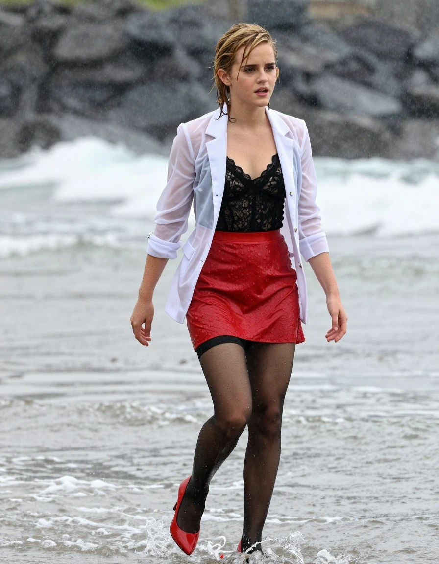 photo of young woman, in soaking wet, drenched clothes,
Red high heels , black stockings, red miniskirt, black panties , Black lace camisole, see-through white blazer, Walking in the surf, heavy rain , 
enjoying, wet clothes stuck to body,
detailed textures of the wet clothes, wet face, wet plastered hair,
wet, drenched, professional, high-quality details, full body view.
sharp focus, ultra-high pixel detail, realistic, high-quality, full colors, incredibly detailed, 4k, 8k, 16k, hyper-realistic, RAW photo, masterpiece, ultra-detailed, professionally color graded, professional photograph, Blonde, Emma Watson, wet skin, wet clothes, damp fabric