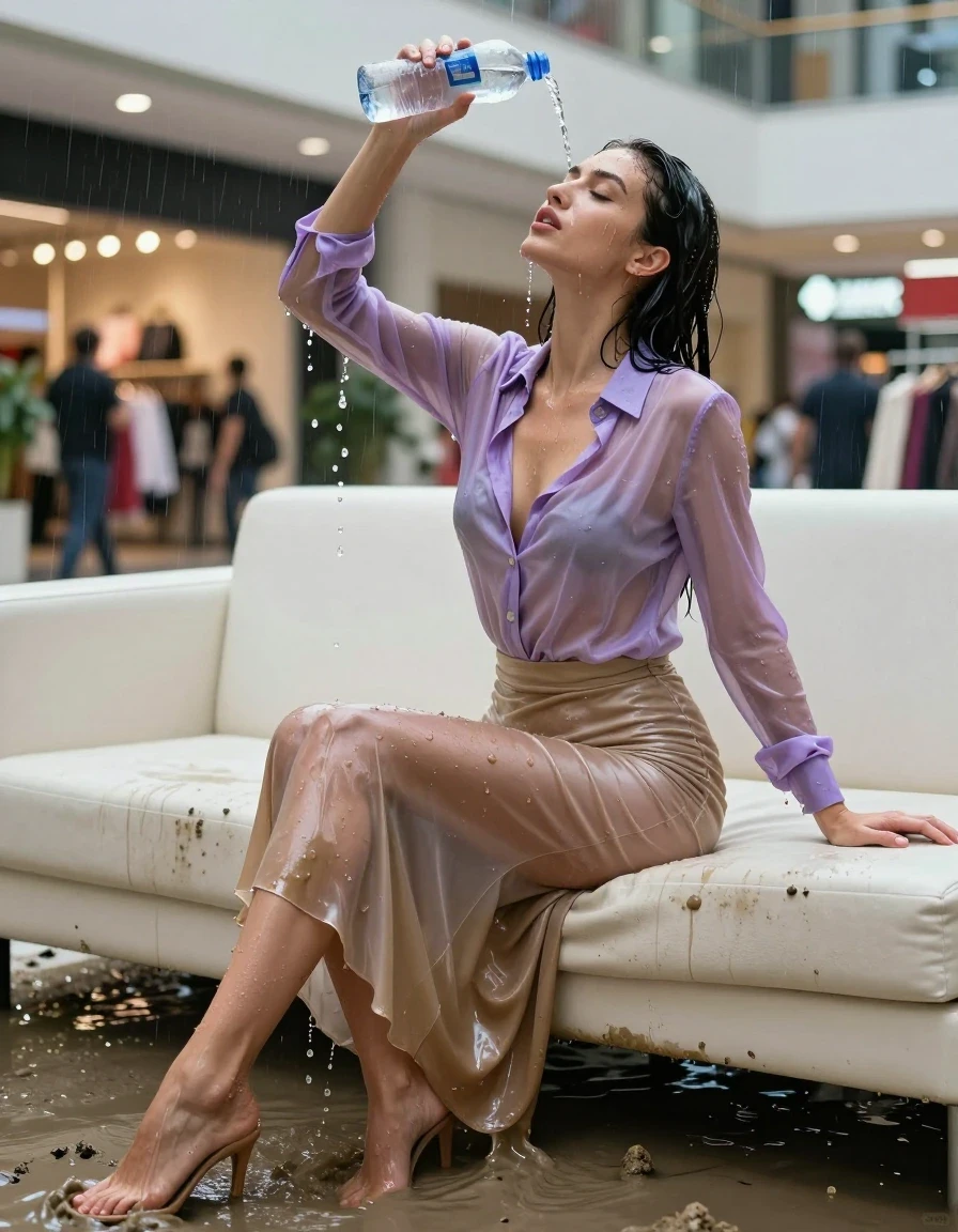 photo of young woman, in soaking wet, drenched clothes,
high-heels, see-throug hlight golden satin silk slim floor-length skirt, tranparent, light purple silk blouse,buttoned, long sleeves, no underwear, sitting on a white couch in the muddy water in the shopping mall pouring a bottle of water over her head, 
enjoying, wet clothes stuck to body,
detailed textures of the wet clothes, wet face, wet plastered hair,
wet, drenched, professional, high-quality details, full body view.
sharp focus, ultra-high pixel detail, realistic, high-quality, full colors, incredibly detailed, 4k, 8k, 16k, hyper-realistic, RAW photo, masterpiece, ultra-detailed, professionally color graded, professional photograph, heavy rain, completely soaked, drenched, dripping wet, visible breasts, wet skin, wet clothes, damp fabric, wet skin, wet clothes, damp fabric, wet skin, wet clothes, damp fabric, wet skin, wet clothes, damp fabric, wet skin, wet clothes, damp fabric