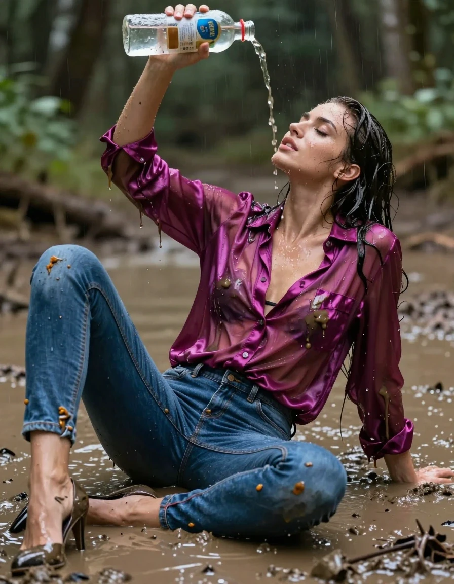 photo of young woman, in soaking wet, drenched clothes,
high-heels, blue jeans, dripping wet, shiny, see-through, tranparent, oversized magenta satin silk blouse, buttoned, long sleeves, lie on her back in a muddy puddle in the muddy water in the woods, pouring a bottle of muddy water over her head, 
enjoying, wet clothes stuck to body,
detailed textures of the wet clothes, wet face, wet plastered hair,
wet, drenched, professional, high-quality details, full body view.
sharp focus, ultra-high pixel detail, realistic, high-quality, full colors, incredibly detailed, 4k, 8k, 16k, hyper-realistic, RAW photo, masterpiece, ultra-detailed, professionally color graded, professional photograph, muddy clothes, heavy rain, completely soaked, drenched, dripping wet, visible breasts, wet skin, mud in her hair, wet clothes, damp fabric, wet skin, wet clothes, damp fabric, wet skin, wet clothes, damp fabric, wet skin, wet clothes, damp fabric, wet clothes, damp fabric, wet skin, wet clothes, damp fabric
