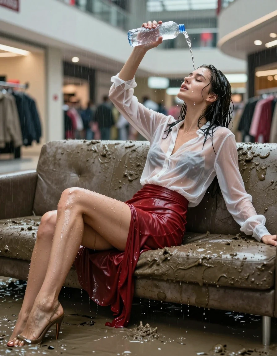 photo of young woman, in soaking wet, drenched clothes,
high-heels, see-through, transparent, light red satin silk slim floor-length skirt, see-through, tranparent, dark white silk blouse, buttoned, long sleeves, no underwear, lying on a muddy couch in the muddy water in the shopping mall pouring a bottle of water over her head, 
enjoying, wet clothes stuck to body,
detailed textures of the wet clothes, wet face, wet plastered hair,
wet, drenched, professional, high-quality details, full body view.
sharp focus, ultra-high pixel detail, realistic, high-quality, full colors, incredibly detailed, 4k, 8k, 16k, hyper-realistic, RAW photo, masterpiece, ultra-detailed, professionally color graded, professional photograph, heavy rain, completely soaked, drenched, dripping wet, visible breasts, wet skin, wet clothes, damp fabric, wet skin, wet clothes, damp fabric, wet skin, wet clothes, damp fabric, wet skin, wet clothes, damp fabric, wet skin, wet clothes, damp fabric, wet skin, wet clothes, damp fabric