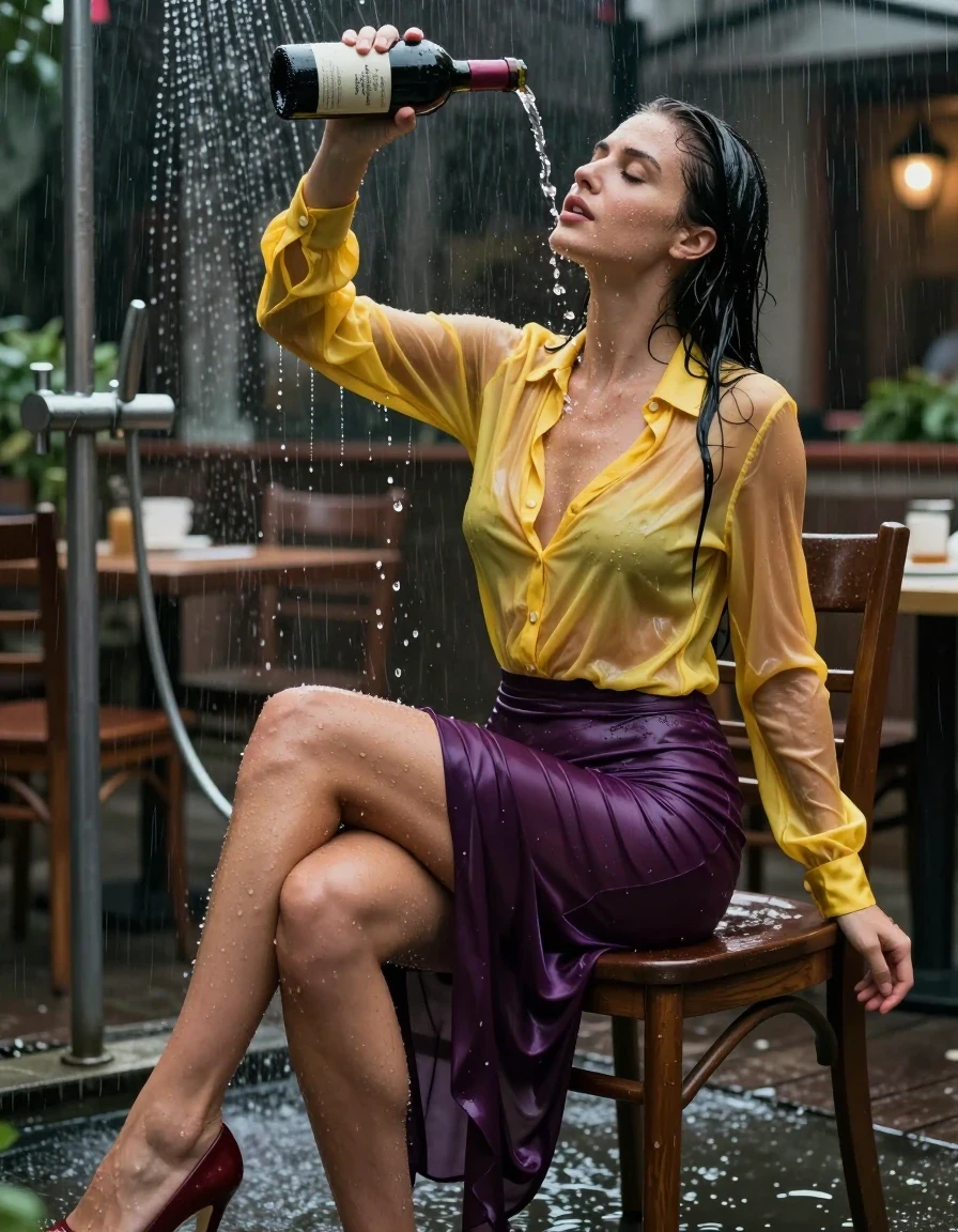 photo of young woman, in soaking wet, drenched clothes,
high-heels, see-through dark purple satin silk slim floor-length skirt, tranparent, dark yellow silk blouse,buttoned, long sleeves, no underwear, sitting on a chair in the water of a shower in a restaurant, 
enjoying, wet clothes stuck to body,
detailed textures of the wet clothes, wet face, wet plastered hair,
wet, drenched, professional, high-quality details, full body view.
sharp focus, ultra-high pixel detail, realistic, high-quality, full colors, incredibly detailed, 4k, 8k, 16k, hyper-realistic, RAW photo, masterpiece, ultra-detailed, professionally color graded, professional photograph, people looking at her, heavy rain, completely soaked, drenched, dripping wet, visible breasts, she pours a bottle of red wine over her head, wet skin, wet clothes, damp fabric, wet skin, wet clothes, damp fabric, wet skin, wet clothes, damp fabric, wet skin, wet clothes, damp fabric