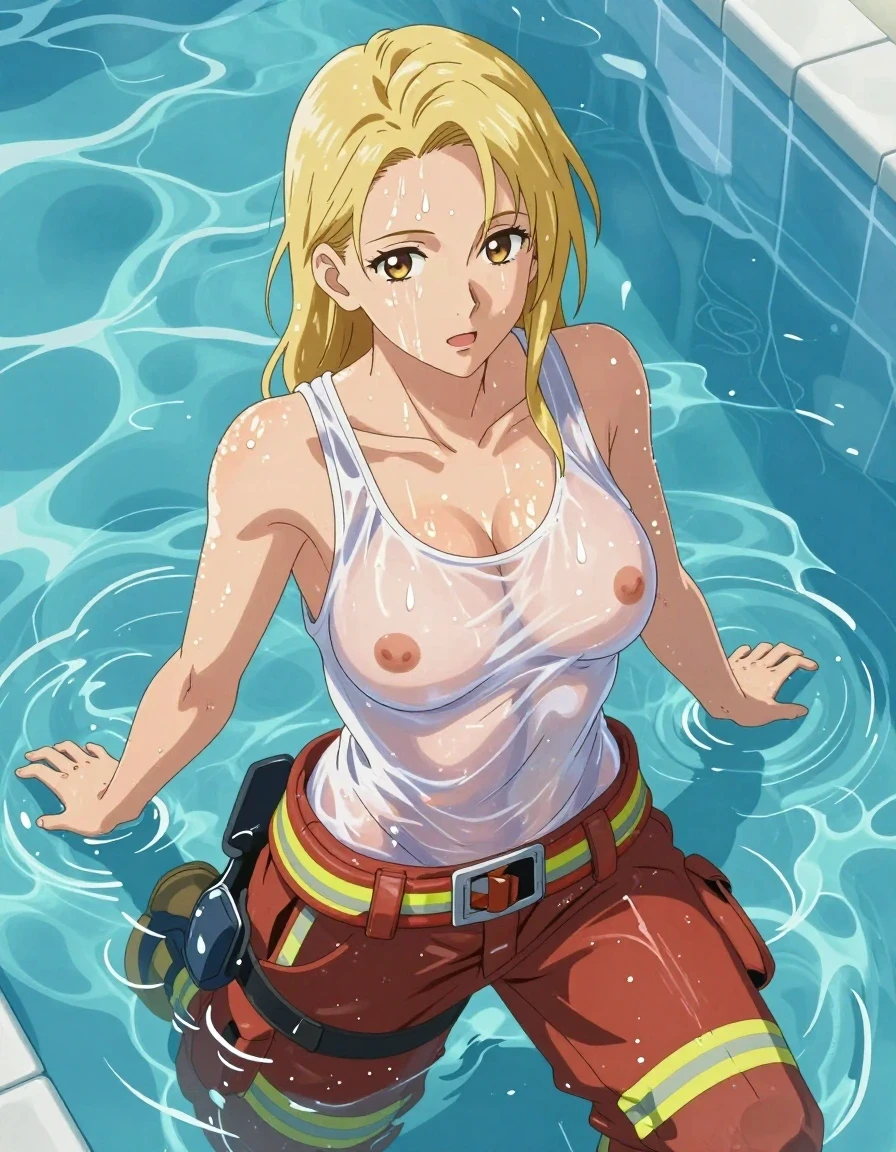 A 28-year-old European blonde woman with wet hair and glistening skin, anime cartoon drawing style. She is wearing a white tank top that is soaking-wet and completely transparent, revealing her nipples clearly, clinging to her torso. She wears fire fighter pants with red braces, the fabric heavy and saturated with water. On her feet are fire fighter boots. She is swimming in a pool, water sheen covering her body, wet fabric clinging to her form with visible folds and texture. The scene is rendered as a clean 2D anime-style illustration, avoiding any 3D, realistic, or photographic elements. No bra is worn. High-contrast lighting, vibrant colors, clear outlines, bright specular highlights on wet surfaces.