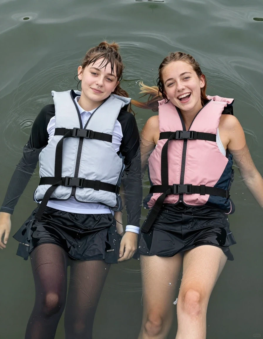 photo of young woman, in soaking wet, drenched clothes,
, , casual wear, 2 girls, they float leaning back submerged in the lake, both submerged in water, they stay afloat with life jackets worn over their clothes, the water is high , 
enjoying, wet clothes stuck to body,
detailed textures of the wet clothes, wet face, wet plastered hair,
wet, drenched, professional, high-quality details, full body view.
sharp focus, ultra-high pixel detail, realistic, high-quality, full colors, incredibly detailed, 4k, 8k, 16k, hyper-realistic, RAW photo, masterpiece, ultra-detailed, professionally color graded, professional photograph, 2 college girls both having fun together. both similar age, a nineteen year old girl, a She has a wide square young face a very small chest, she is a pale brunette with a ponytail and bangs and a septum piercing, She is full of youthful energy, she is wearing a white heavy cotton polo over a black long sleeve undershirt, she has a longer modest black skirt on that has only 3 pleats and covers her knees, Tights,  Her friend has dark blonde hair, she is wearing the same skirt but has a pale pink sports bra on. her clothes darken from the water. She has a wide square face,, wet skin, wet clothes, damp fabric, wet skin, wet clothes, damp fabric, wet skin, wet clothes, damp fabric, wet skin, wet clothes, damp fabric, wet skin, wet clothes, damp fabric, wet skin, wet clothes, damp fabric, wet skin, wet clothes, damp fabric, wet skin, wet clothes, damp fabric, wet skin, wet clothes, damp fabric, wet skin, wet clothes, damp fabric, wet skin, wet clothes, damp fabric, wet skin, wet clothes, damp fabric