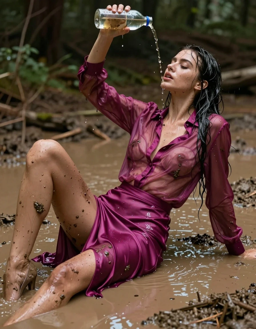 photo of young woman, in soaking wet, drenched clothes,
high-heels, see-through, oversized magenta satin silk slim floor-length skirt, see-through, tranparent, oversized magenta satin silk blouse, buttoned, long sleeves, lie on her back in a muddy puddle in the muddy water in the woods, pouring a bottle of muddy water over her head, 
enjoying, wet clothes stuck to body,
detailed textures of the wet clothes, wet face, wet plastered hair,
wet, drenched, professional, high-quality details, full body view.
sharp focus, ultra-high pixel detail, realistic, high-quality, full colors, incredibly detailed, 4k, 8k, 16k, hyper-realistic, RAW photo, masterpiece, ultra-detailed, professionally color graded, professional photograph, muddy clothes, heavy rain, completely soaked, drenched, dripping wet, visible breasts, wet skin, mud in her hair, wet clothes, damp fabric, wet skin, wet clothes, damp fabric, wet skin, wet clothes, damp fabric, wet skin, wet clothes, damp fabric, wet clothes, damp fabric, wet skin, wet clothes, damp fabric