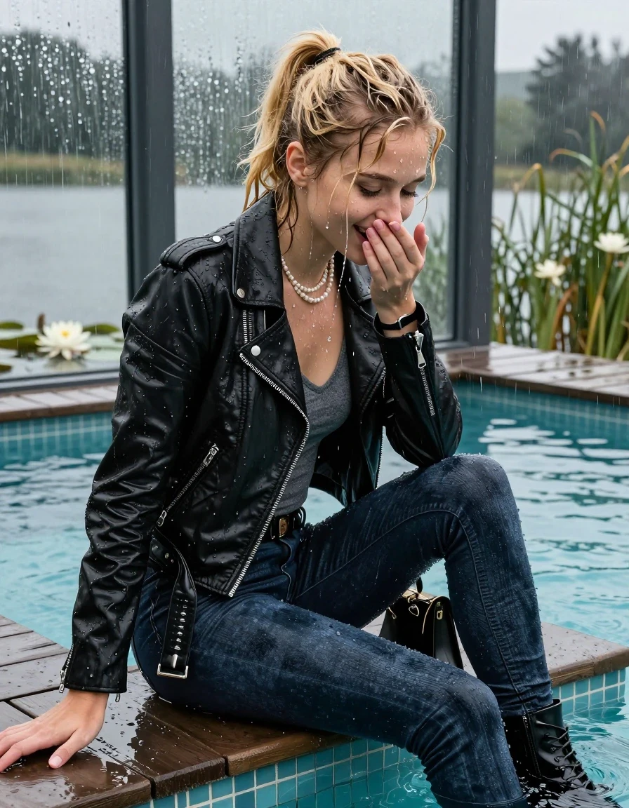 photo of young woman, in soaking wet, drenched clothes,
Black high boots, Thight levis skinny jeans, Black biker leatherjacket, tight v-neck sweater, shoulderbag, pearl necklace, bracelet, wristwatch, glasses, Orgasm at jetty by the lake with water lilies and reeds, 
enjoying, wet clothes stuck to body,
detailed textures of the wet clothes, wet face, wet plastered hair,
wet, drenched, professional, high-quality details, full body view.
sharp focus, ultra-high pixel detail, realistic, high-quality, full colors, incredibly detailed, 4k, 8k, 16k, hyper-realistic, RAW photo, masterpiece, ultra-detailed, professionally color graded, professional photograph, A realistic vertical fashion photograph taken from a backward, behind-the-back angle of a Young horny 12-year-old teengirl sitting  and let her falling in a glass-walled outdoor swimming pool, facing down to the camera to show her back. 

She is tilting her head at camera, letting the water drench her hair so it is glued flat against her head and body. 
She has  blonde twisted ponytail with bangs, completely saturated and dripping wet hair, with water cascading down her face and neck. Afraid and astonished expression. She is a Little Bit fearful and Smile embarrassed. Hold her hands over her mouth. Closed eyes.

The lighting is bright and cinematic, highlighting the glistening water droplets and the saturated texture of her  casual clothes. Outside the large glass wall of the pool building, heavy rain is visible falling against the window. Soft, moody indoor lighting with reflections on the water. High-quality fashion photography style.
her clothing is soaking wet and clinging tightly to her skin, showing heavy wet folds, darkened fabric texture, and deep water-saturated Patches, her clothes are heavy from the water, water runs from her body and her clothes in streams. A lot of water also runs out of her clothes. Her clothes are darkened by the water. 
hyper-realistic wetness, high-contrast water sheen, sharp focus, 16k resolution, professional photography, realistic water physics., wet skin, wet clothes, damp fabric., wet skin, wet clothes, damp fabric, wet skin, wet clothes, damp fabric, wet skin, wet clothes, damp fabric, wet skin, wet clothes, damp fabric, wet skin, wet clothes, damp fabric, wet skin, wet clothes, damp fabric, wet skin, wet clothes, damp fabric, wet skin, wet clothes, damp fabric