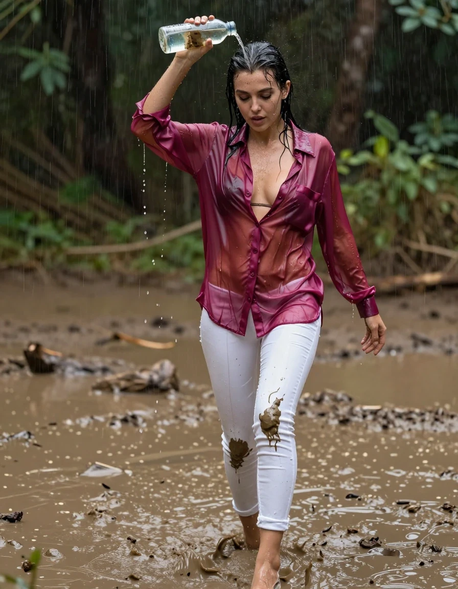 photo of young woman, in soaking wet, drenched clothes,
high-heels, white jeans, dripping wet, shiny, see-through, tranparent, oversized magenta satin silk blouse, buttoned, long sleeves, no bra, shower, walking in a deep muddy puddle in the muddy water in the woods, pouring a bottle of muddy water over her head, 
enjoying, wet clothes stuck to body,
detailed textures of the wet clothes, wet face, wet plastered hair,
wet, drenched, professional, high-quality details, full body view.
sharp focus, ultra-high pixel detail, realistic, high-quality, full colors, incredibly detailed, 4k, 8k, 16k, hyper-realistic, RAW photo, masterpiece, ultra-detailed, professionally color graded, professional photograph, muddy clothes, heavy rain, completely soaked, drenched, dripping wet, visible breasts, wet skin, mud in her hair, wet clothes, damp fabric, wet skin, wet clothes, damp fabric, wet skin, wet clothes, damp fabric, wet skin, wet clothes, damp fabric, wet clothes, damp fabric, wet skin, wet clothes, damp fabric