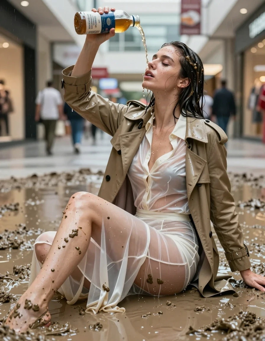 photo of young woman, in soaking wet, drenched clothes,
high-heels, see-through, transparent, crean white satin silk slim floor-length skirt, see-through, tranparent, cream white satin silk blouse, buttoned, long sleeves, trench coat, sitting in a muddy puddle in the muddy water in the shopping mall, pouring a bottle of muddy water over her head, 
enjoying, wet clothes stuck to body,
detailed textures of the wet clothes, wet face, wet plastered hair,
wet, drenched, professional, high-quality details, full body view.
sharp focus, ultra-high pixel detail, realistic, high-quality, full colors, incredibly detailed, 4k, 8k, 16k, hyper-realistic, RAW photo, masterpiece, ultra-detailed, professionally color graded, professional photograph, muddy clothes, heavy rain, completely soaked, drenched, dripping wet, visible breasts, wet skin, wet clothes, damp fabric, wet skin, wet clothes, damp fabric, wet skin, wet clothes, damp fabric, wet skin, wet clothes, damp fabric, wet skin, wet clothes, damp fabric, wet skin, wet clothes, damp fabric