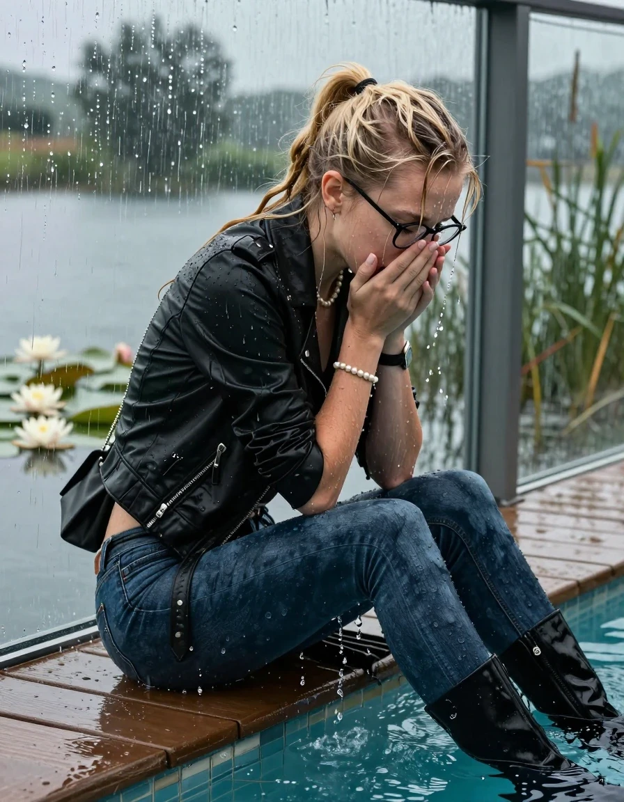 photo of young woman, in soaking wet, drenched clothes,
Black high boots, Thight levis skinny jeans, Black biker leatherjacket, tight v-neck sweater, shoulderbag, pearl necklace, bracelet, wristwatch, glasses, Orgasm at jetty by the lake with water lilies and reeds, 
enjoying, wet clothes stuck to body,
detailed textures of the wet clothes, wet face, wet plastered hair,
wet, drenched, professional, high-quality details, full body view.
sharp focus, ultra-high pixel detail, realistic, high-quality, full colors, incredibly detailed, 4k, 8k, 16k, hyper-realistic, RAW photo, masterpiece, ultra-detailed, professionally color graded, professional photograph, A realistic vertical fashion photograph taken from a backward, behind-the-back angle of a Young horny 12-year-old teengirl sitting  and let her falling in a glass-walled outdoor swimming pool, facing down to the camera to show her back. 

She is tilting her head at camera, letting the water drench her hair so it is glued flat against her head and body. 
She has  blonde twisted ponytail with bangs, completely saturated and dripping wet hair, with water cascading down her face and neck. Afraid and astonished expression. She is a Little Bit fearful. Hold her hands over her mouth. Closed eyes.

The lighting is bright and cinematic, highlighting the glistening water droplets and the saturated texture of her  casual clothes. Outside the large glass wall of the pool building, heavy rain is visible falling against the window. Soft, moody indoor lighting with reflections on the water. High-quality fashion photography style.
her clothing is soaking wet and clinging tightly to her skin, showing heavy wet folds, darkened fabric texture, and deep water-saturated Patches, her clothes are heavy from the water, water runs from her body and her clothes in streams. A lot of water also runs out of her clothes. Her clothes are darkened by the water. 
hyper-realistic wetness, high-contrast water sheen, sharp focus, 16k resolution, professional photography, realistic water physics., wet skin, wet clothes, damp fabric., wet skin, wet clothes, damp fabric, wet skin, wet clothes, damp fabric, wet skin, wet clothes, damp fabric, wet skin, wet clothes, damp fabric, wet skin, wet clothes, damp fabric, wet skin, wet clothes, damp fabric, wet skin, wet clothes, damp fabric, wet skin, wet clothes, damp fabric