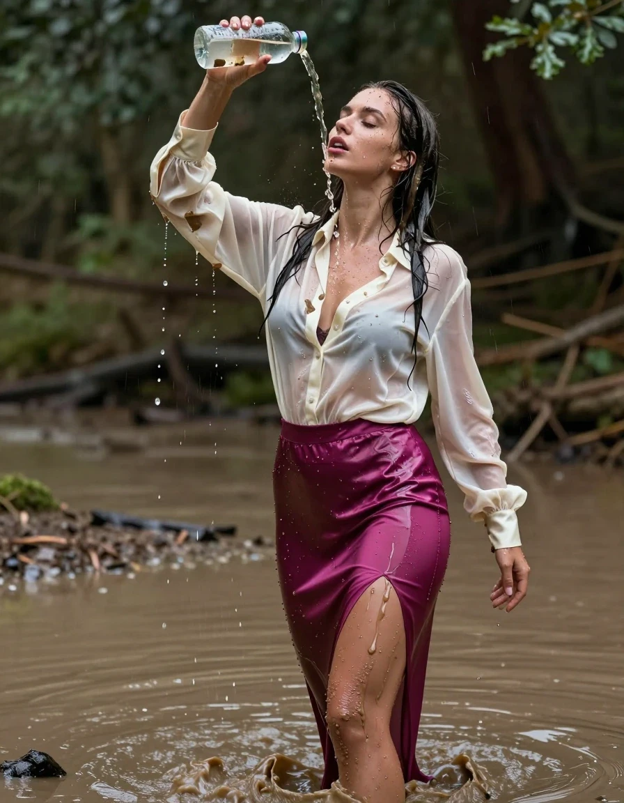 photo of young woman, in soaking wet, drenched clothes,
high-heels, see-through, oversized magenta satin silk slim floor-length skirt, see-through, tranparent, oversized cream white satin silk blouse, buttoned, long sleeves, trench coat, wading in a muddy puddle in the muddy water in the woods, pouring a bottle of muddy water over her head, 
enjoying, wet clothes stuck to body,
detailed textures of the wet clothes, wet face, wet plastered hair,
wet, drenched, professional, high-quality details, full body view.
sharp focus, ultra-high pixel detail, realistic, high-quality, full colors, incredibly detailed, 4k, 8k, 16k, hyper-realistic, RAW photo, masterpiece, ultra-detailed, professionally color graded, professional photograph, muddy clothes, heavy rain, completely soaked, drenched, dripping wet, visible breasts, wet skin, wet clothes, damp fabric, wet skin, wet clothes, damp fabric, wet skin, wet clothes, damp fabric, wet skin, wet clothes, damp fabric, wet skin, wet clothes, damp fabric, wet skin, wet clothes, damp fabric
