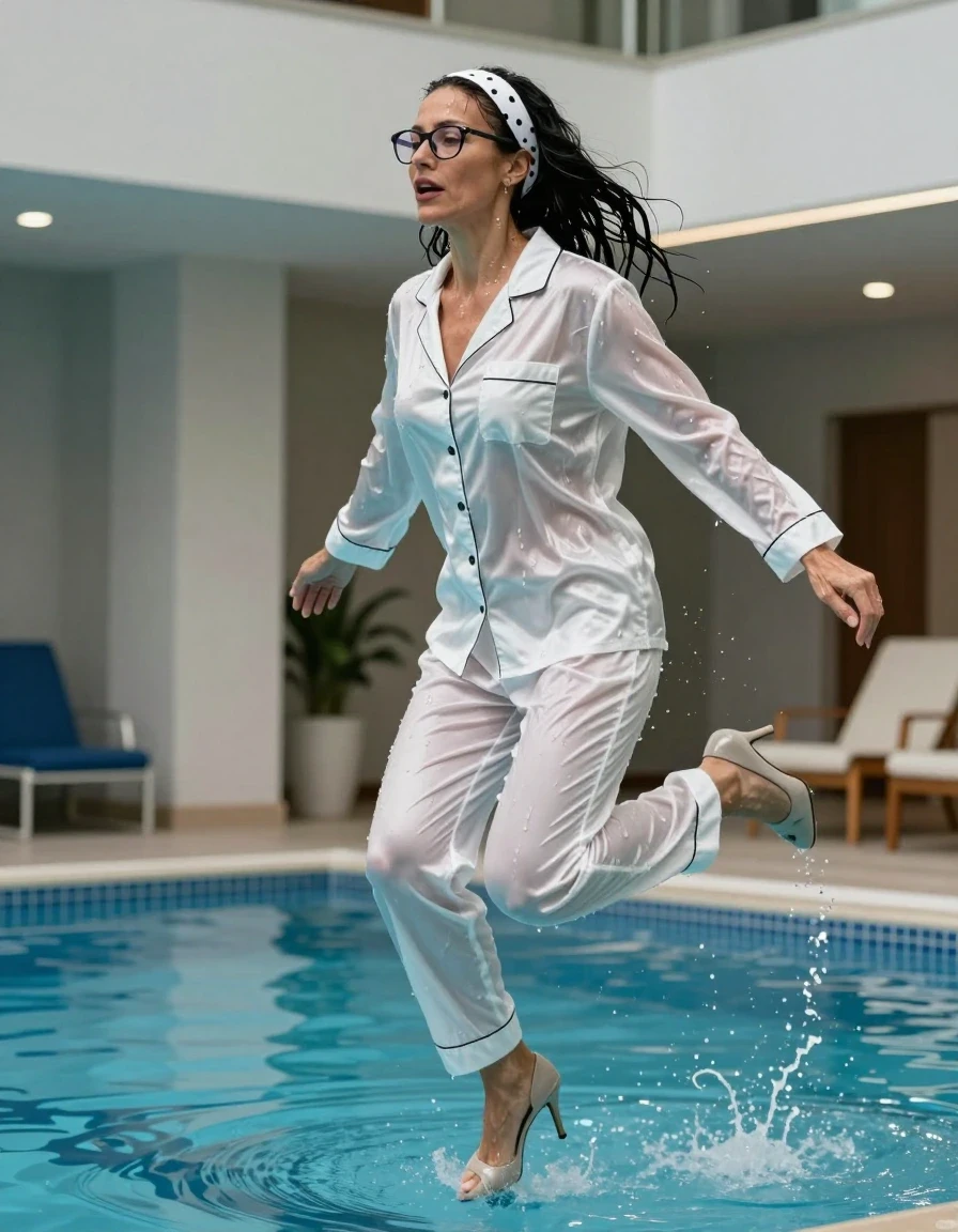 photo of young woman, in soaking wet, drenched clothes,
high-heeled shoes, white satin pajama with long trousers, white satin pijama, jumping  in indoor swiming pool, 
enjoying, wet clothes stuck to body,
detailed textures of the wet clothes, wet face, wet plastered hair,
wet, drenched, professional, high-quality details, full body view.
sharp focus, ultra-high pixel detail, realistic, high-quality, full colors, incredibly detailed, 4k, 8k, 16k, hyper-realistic, RAW photo, masterpiece, ultra-detailed, professionally color graded, professional photograph, european brunette skinny woman 50 years old, long dark black hair, white polka-dot headband, office glasses, very big and thick lips, complete body, wet skin, wet clothes, damp fabric, wet skin, wet clothes, damp fabric, wet skin, wet clothes, damp fabric, wet skin, wet clothes, damp fabric, wet skin, wet clothes, damp fabric, wet skin, wet clothes, damp fabric, wet skin, wet clothes, damp fabric