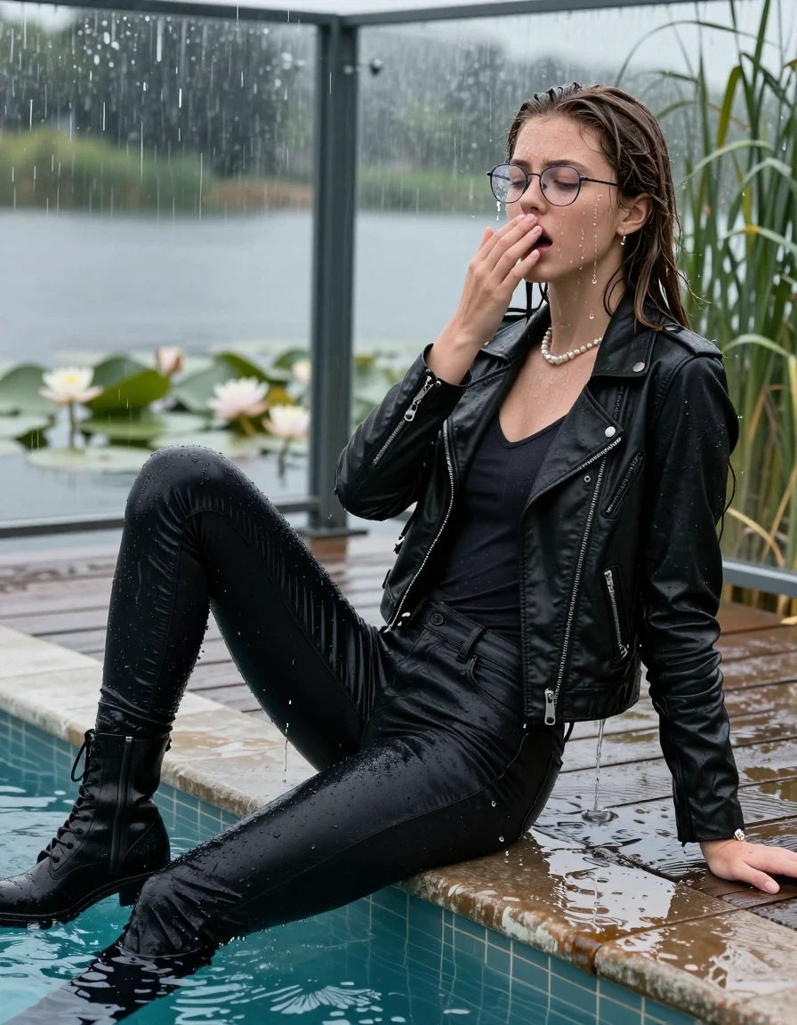 photo of young woman, in soaking wet, drenched clothes,
Black high boots, Thight levis skinny jeans, Black biker leatherjacket, tight v-neck sweater, shoulderbag, pearl necklace, bracelet, wristwatch, glasses, Orgasm at jetty by the lake with water lilies and reeds, 
enjoying, wet clothes stuck to body,
detailed textures of the wet clothes, wet face, wet plastered hair,
wet, drenched, professional, high-quality details, full body view.
sharp focus, ultra-high pixel detail, realistic, high-quality, full colors, incredibly detailed, 4k, 8k, 16k, hyper-realistic, RAW photo, masterpiece, ultra-detailed, professionally color graded, professional photograph, A realistic vertical fashion photograph taken from a backward, behind-the-back angle of a Young horny 15-year-old teengirl sitting  and let her falling in a glass-walled outdoor swimming pool, facing up to the camera to show her back. 

She is tilting her head at camera, letting the water drench her hair so it is glued flat against her head and body. 
She has  brunette Sleek Long straight hair with braids, completely saturated and dripping wet hair, with water cascading down her face and neck. Afraid and astonished expression. She is a Little Bit fearful. Hold a hand on her mouth. Closed eyes.

The lighting is bright and cinematic, highlighting the glistening water droplets and the saturated texture of her  casual clothes. Outside the large glass wall of the pool building, heavy rain is visible falling against the window. Soft, moody indoor lighting with reflections on the water. High-quality fashion photography style.
her clothing is soaking wet and clinging tightly to her skin, showing heavy wet folds, darkened fabric texture, and deep water-saturated Patches, her clothes are heavy from the water, water runs from her body and her clothes in streams. A lot of water also runs out of her clothes. Her clothes are darkened by the water. 
hyper-realistic wetness, high-contrast water sheen, sharp focus, 16k resolution, professional photography, realistic water physics., wet skin, wet clothes, damp fabric., wet skin, wet clothes, damp fabric, wet skin, wet clothes, damp fabric, wet skin, wet clothes, damp fabric, wet skin, wet clothes, damp fabric, wet skin, wet clothes, damp fabric, wet skin, wet clothes, damp fabric, wet skin, wet clothes, damp fabric, wet skin, wet clothes, damp fabric