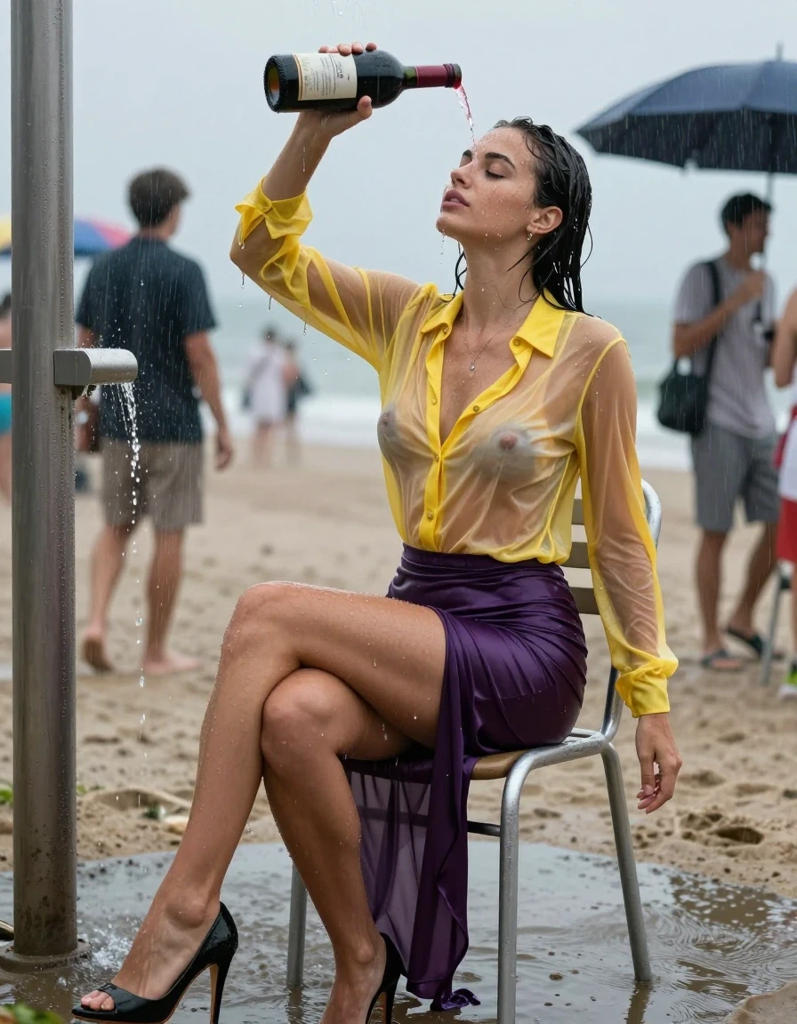 photo of young woman, in soaking wet, drenched clothes,
high-heels, see-through dark purple satin silk slim floor-length skirt, tranparent, dark yellow silk blouse,buttoned, long sleeves, no underwear, sitting on a chair in the water of a shower at the crowded beach, 
enjoying, wet clothes stuck to body,
detailed textures of the wet clothes, wet face, wet plastered hair,
wet, drenched, professional, high-quality details, full body view.
sharp focus, ultra-high pixel detail, realistic, high-quality, full colors, incredibly detailed, 4k, 8k, 16k, hyper-realistic, RAW photo, masterpiece, ultra-detailed, professionally color graded, professional photograph, heavy rain, completely soaked, drenched, dripping wet, visible breasts, she pours a bottle of red wine over her head, wet skin, wet clothes, damp fabric, wet skin, wet clothes, damp fabric, wet skin, wet clothes, damp fabric, wet skin, wet clothes, damp fabric