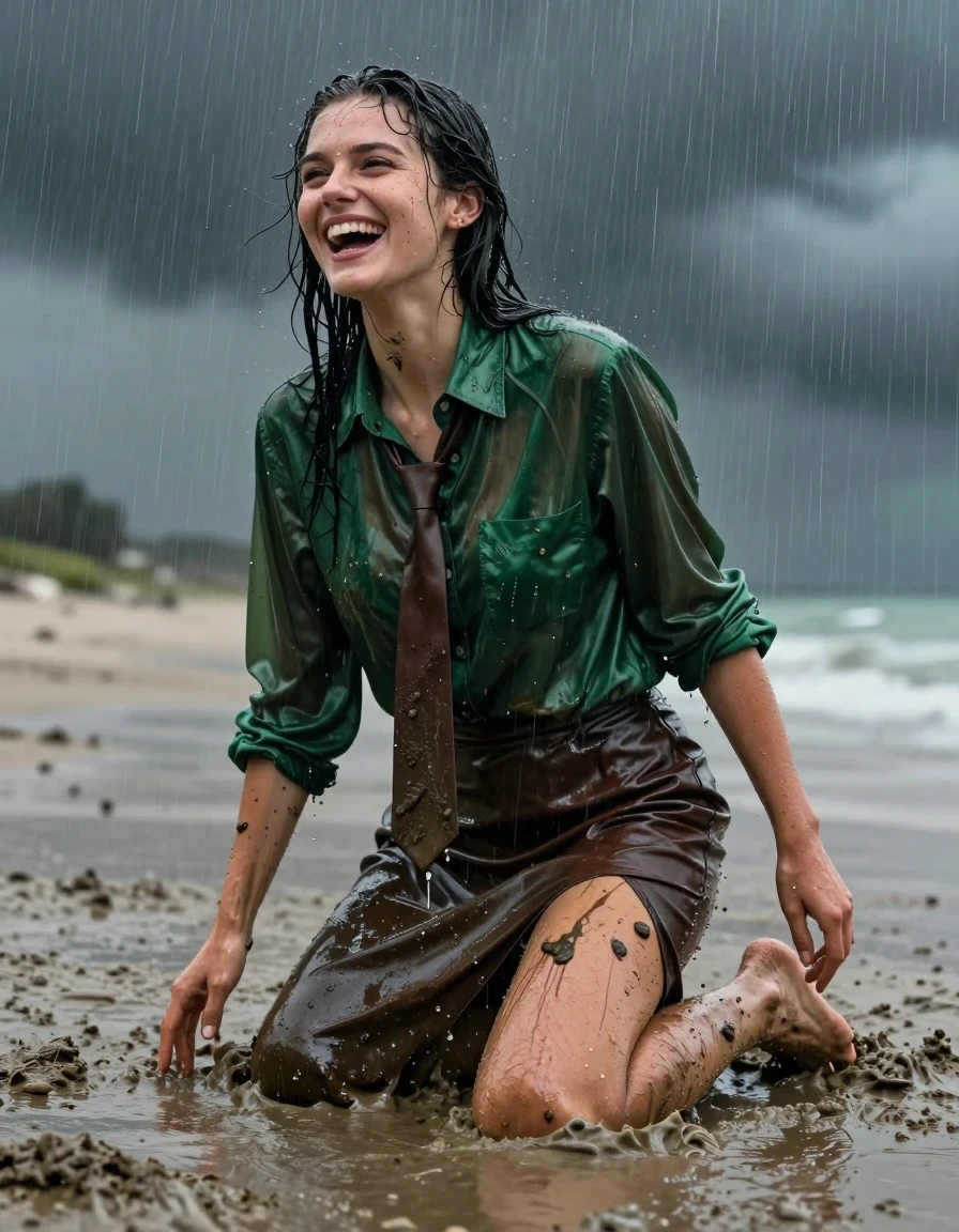 A photorealistic full-body shot of a young adult European woman rolling in the mud on an empty beach during a torrential rainstorm. She is laughing joyfully, with her bare feet and skin coated in slick, dark mud and glistening with heavy water sheen. She wears a satin long-sleeved buttoned-down oversized green blouse, soaked and clinging to her body, with a brown necktie dripping wet, and a floor-length leather skirt that is saturated, heavy with water, and covered in mud streaks. The fabric of the blouse is damp, darkened, and translucent in areas, showing realistic folds and clinging textures. The environment is dark and stormy with sheets of rain falling, creating a high-contrast, moody atmosphere. The skin is visibly wet with water droplets and mud smears, reflecting the ambient light. High-resolution photography, cinematic lighting, dramatic depth of field, hyper-realistic textures, 8k resolution, raw aesthetic.