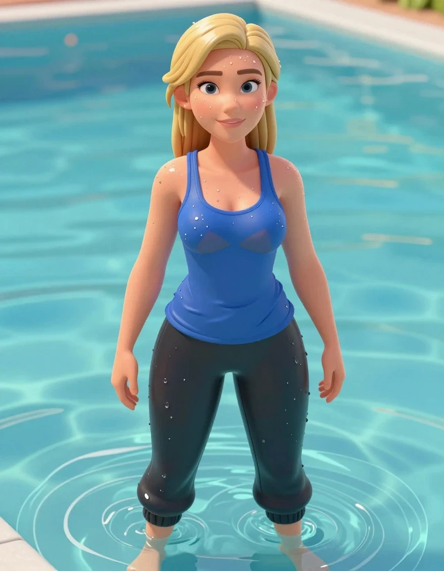 A high-quality 2D cartoon drawing of a 28-year-old blonde European woman standing in a pool. She is wearing a blue tank top over a translucent black bra that is clearly visible through the fabric. She is wearing black sweat pants and socks. All clothing is soaking wet, clinging to her body with heavy wet folds, deep saturated colors, and water-sheen reflections. Her skin and hair are wet and glistening. The style is a stylized 2D illustration, avoiding any realistic or photographic textures. The lighting is bright and clear, emphasizing the wet textures of the fabric and the pool environment.