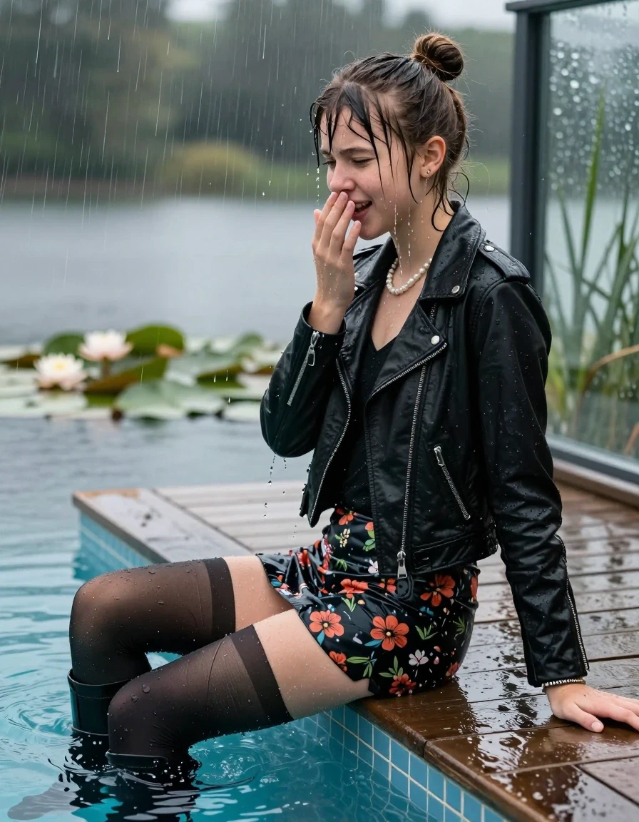 photo of young woman, in soaking wet, drenched clothes,
Black high boots, Short floral mini skirt, black stockings , Black biker leatherjacket, tight v-neck sweater, shoulderbag, pearl necklace, bracelet, wristwatch, jetty by the lake with water lilies and reeds, 
enjoying, wet clothes stuck to body,
detailed textures of the wet clothes, wet face, wet plastered hair,
wet, drenched, professional, high-quality details, full body view.
sharp focus, ultra-high pixel detail, realistic, high-quality, full colors, incredibly detailed, 4k, 8k, 16k, hyper-realistic, RAW photo, masterpiece, ultra-detailed, professionally color graded, professional photograph, A realistic vertical fashion photograph taken from a backward, behind-the-back angle of a Young horny 12-year-old teengirl sitting  and let her falling in a glass-walled outdoor swimming pool, facing away to the camera to show her back. 

She is tilting her head at camera, letting the water drench her hair so it is glued flat against her head and body. 
She has  brunette sticked up topknot with bangs, completely saturated and dripping wet hair, with water cascading down her face and neck. Shy and insecure expression. She is a Little Bit fearful and Smileys embarrassed. Hold her hands over her mouth. Open mouth, half closed eyes.

The lighting is bright and cinematic, highlighting the glistening water droplets and the saturated texture of her  casual clothes. Outside the large glass wall of the pool building, heavy rain is visible falling against the window. Soft, moody indoor lighting with reflections on the water. High-quality fashion photography style.
her clothing is soaking wet and clinging tightly to her skin, showing heavy wet folds, darkened fabric texture, and deep water-saturated Patches, her clothes are heavy from the water, water runs from her body and her clothes in streams. A lot of water also runs out of her clothes. Her clothes are darkened by the water. 
hyper-realistic wetness, high-contrast water sheen, sharp focus, 16k resolution, professional photography, realistic water physics., wet skin, wet clothes, damp fabric., wet skin, wet clothes, damp fabric, wet skin, wet clothes, damp fabric, wet skin, wet clothes, damp fabric, wet skin, wet clothes, damp fabric, wet skin, wet clothes, damp fabric, wet skin, wet clothes, damp fabric, wet skin, wet clothes, damp fabric, wet skin, wet clothes, damp fabric
