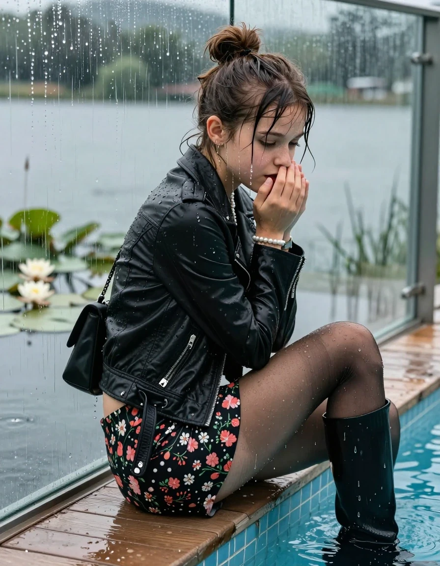 photo of young woman, in soaking wet, drenched clothes,
Black high boots, Short floral mini skirt, black stockings , Black biker leatherjacket, tight v-neck sweater, shoulderbag, pearl necklace, bracelet, wristwatch, jetty by the lake with water lilies and reeds, 
enjoying, wet clothes stuck to body,
detailed textures of the wet clothes, wet face, wet plastered hair,
wet, drenched, professional, high-quality details, full body view.
sharp focus, ultra-high pixel detail, realistic, high-quality, full colors, incredibly detailed, 4k, 8k, 16k, hyper-realistic, RAW photo, masterpiece, ultra-detailed, professionally color graded, professional photograph, A realistic vertical fashion photograph taken from a backward, behind-the-back angle of a Young horny 12-year-old teengirl sitting  and slides in a glass-walled outdoor swimming pool, facing away to the camera to show her back. 

She is tilting her head at camera, letting the water drench her hair so it is glued flat against her head and body. 
She has  brunette sticked up topknot with bangs, completely saturated and dripping wet hair, with water cascading down her face and neck. Shy and insecure expression. She is a Little Bit fearful and Smileys embarrassed. Hold her hands over her mouth. Open mouth, half closed eyes.

The lighting is bright and cinematic, highlighting the glistening water droplets and the saturated texture of her  casual clothes. Outside the large glass wall of the pool building, heavy rain is visible falling against the window. Soft, moody indoor lighting with reflections on the water. High-quality fashion photography style.
her clothing is soaking wet and clinging tightly to her skin, showing heavy wet folds, darkened fabric texture, and deep water-saturated Patches, her clothes are heavy from the water, water runs from her body and her clothes in streams. A lot of water also runs out of her clothes. Her clothes are darkened by the water. 
hyper-realistic wetness, high-contrast water sheen, sharp focus, 16k resolution, professional photography, realistic water physics., wet skin, wet clothes, damp fabric., wet skin, wet clothes, damp fabric, wet skin, wet clothes, damp fabric, wet skin, wet clothes, damp fabric, wet skin, wet clothes, damp fabric, wet skin, wet clothes, damp fabric, wet skin, wet clothes, damp fabric, wet skin, wet clothes, damp fabric, wet skin, wet clothes, damp fabric