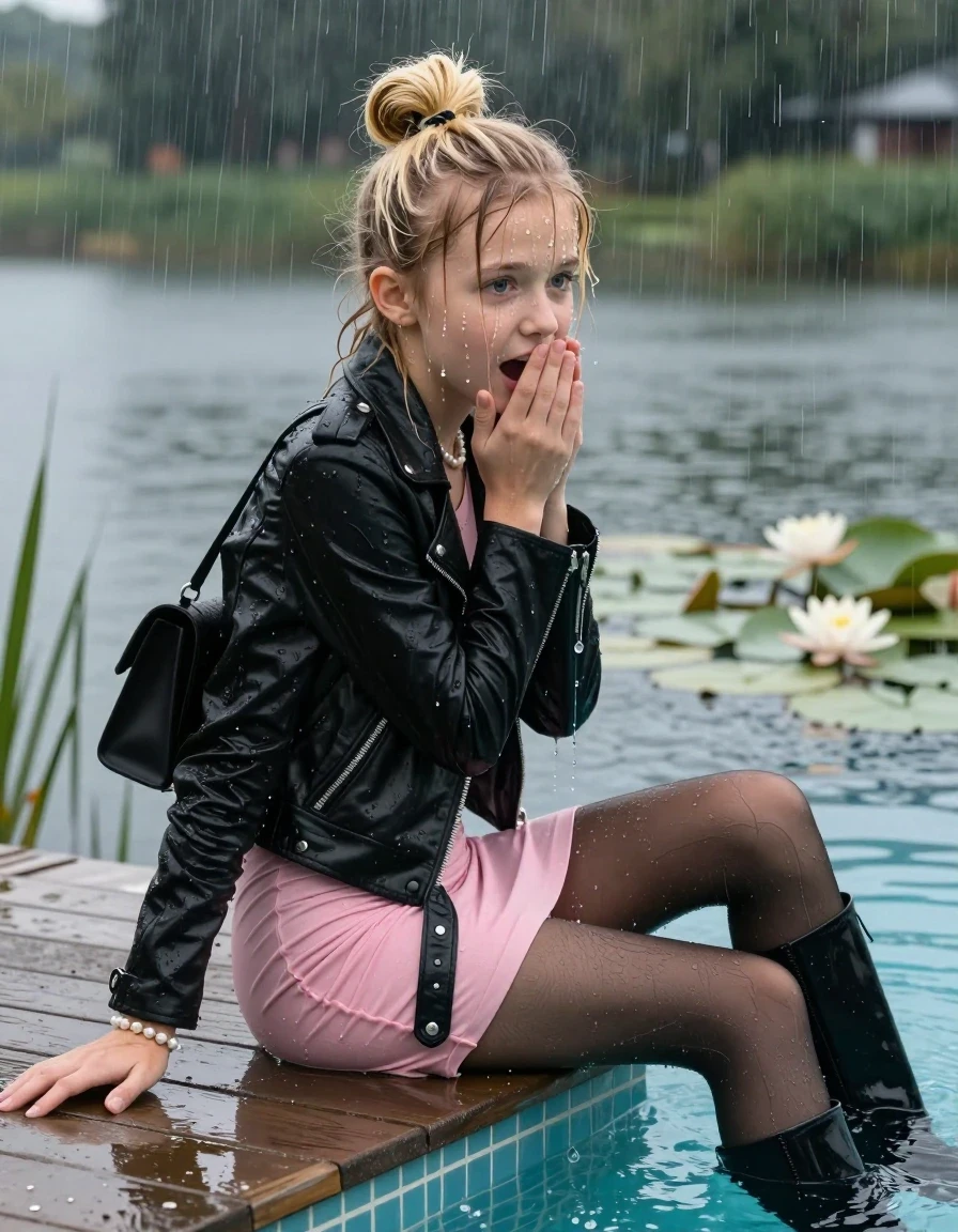 photo of young woman, in soaking wet, drenched clothes,
Black high boots, Short pink mini dress,  black stockings , Black biker leatherjacket, tight v-neck sweater, shoulderbag, pearl necklace, bracelet, wristwatch, jetty by the lake with water lilies and reeds, 
enjoying, wet clothes stuck to body,
detailed textures of the wet clothes, wet face, wet plastered hair,
wet, drenched, professional, high-quality details, full body view.
sharp focus, ultra-high pixel detail, realistic, high-quality, full colors, incredibly detailed, 4k, 8k, 16k, hyper-realistic, RAW photo, masterpiece, ultra-detailed, professionally color graded, professional photograph, A realistic vertical fashion photograph taken from a backward, behind-the-back angle of a Young horny 12-year-old teengirl sitting  and let her falling in a glass-walled outdoor swimming pool, facing to the camera to show her back. 

She is tilting her head at camera, letting the water drench her hair so it is glued flat against her head and body. 
She has  blonde sticked up topknot with bangs, completely saturated and dripping wet hair, with water cascading down her face and neck. Afraid and astonished expression. She is a Little Bit fearful and Smile embarrassed. Hold her hands over her mouth. Open mouth, big eyes.

The lighting is bright and cinematic, highlighting the glistening water droplets and the saturated texture of her  casual clothes. Outside the large glass wall of the pool building, heavy rain is visible falling against the window. Soft, moody indoor lighting with reflections on the water. High-quality fashion photography style.
her clothing is soaking wet and clinging tightly to her skin, showing heavy wet folds, darkened fabric texture, and deep water-saturated Patches, her clothes are heavy from the water, water runs from her body and her clothes in streams. A lot of water also runs out of her clothes. Her clothes are darkened by the water. 
hyper-realistic wetness, high-contrast water sheen, sharp focus, 16k resolution, professional photography, realistic water physics., wet skin, wet clothes, damp fabric., wet skin, wet clothes, damp fabric, wet skin, wet clothes, damp fabric, wet skin, wet clothes, damp fabric, wet skin, wet clothes, damp fabric, wet skin, wet clothes, damp fabric, wet skin, wet clothes, damp fabric, wet skin, wet clothes, damp fabric, wet skin, wet clothes, damp fabric