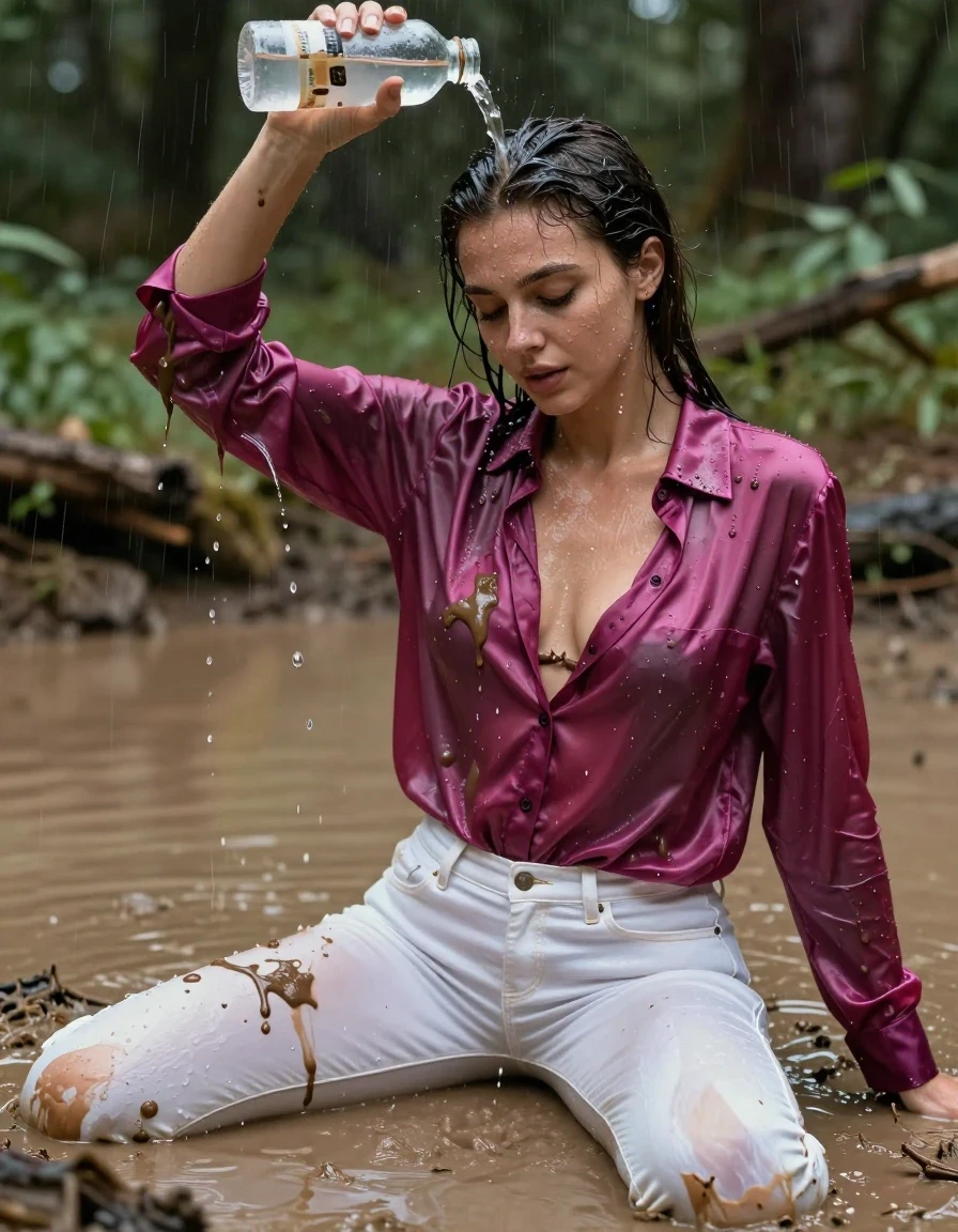 photo of young woman, in soaking wet, drenched clothes,
, white jeans, dripping wet, shiny, see-through, tranparent, oversized magenta satin silk blouse, buttoned, long sleeves, no bra, shower, sit in a knee deep muddy puddle in the muddy water in the woods, pouring a bottle of muddy water over her head, 
enjoying, wet clothes stuck to body,
detailed textures of the wet clothes, wet face, wet plastered hair,
wet, drenched, professional, high-quality details, full body view.
sharp focus, ultra-high pixel detail, realistic, high-quality, full colors, incredibly detailed, 4k, 8k, 16k, hyper-realistic, RAW photo, masterpiece, ultra-detailed, professionally color graded, professional photograph, muddy clothes, heavy rain, completely soaked, drenched, dripping wet, visible breasts, wet skin, mud in her hair, wet clothes, damp fabric, wet skin, wet clothes, damp fabric, wet skin, wet clothes, damp fabric, wet skin, wet clothes, damp fabric, wet clothes, damp fabric, wet skin, wet clothes, damp fabric