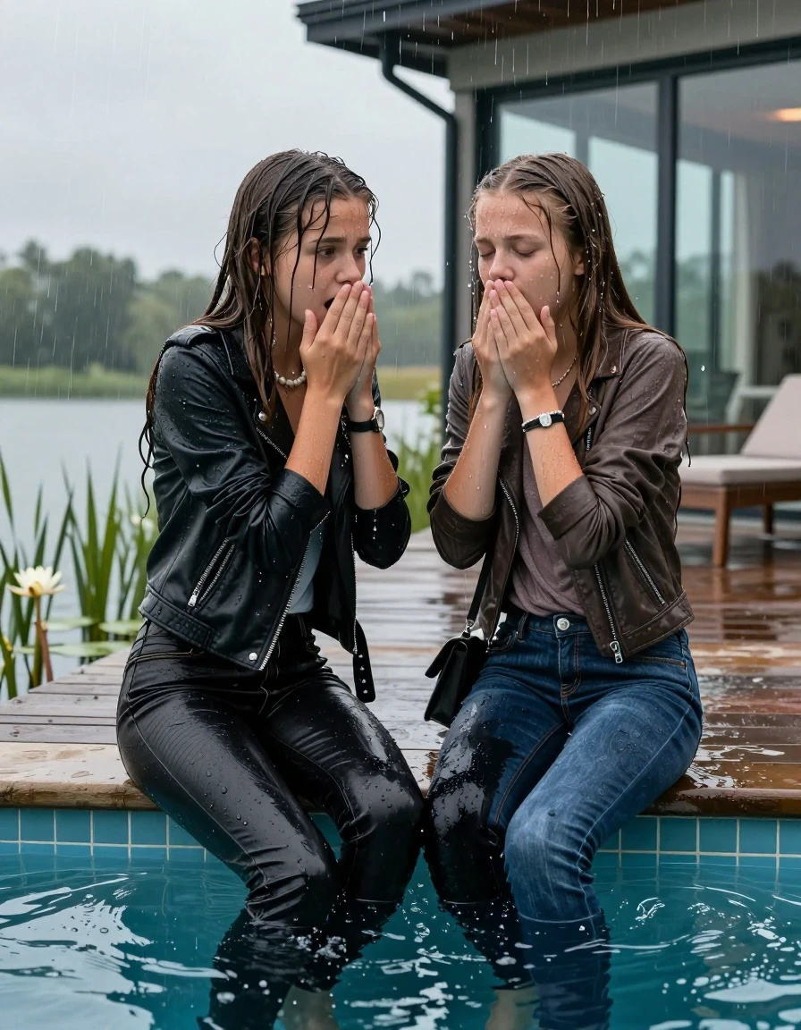 photo of young woman, in soaking wet, drenched clothes,
Black high boots, Thight levis skinny jeans, Biker leatherjacket, tight v-neck sweater, shoulderbag, pearl necklace, bracelet, wristwatch, jetty by the lake with water lilies and reeds, 
enjoying, wet clothes stuck to body,
detailed textures of the wet clothes, wet face, wet plastered hair,
wet, drenched, professional, high-quality details, full body view.
sharp focus, ultra-high pixel detail, realistic, high-quality, full colors, incredibly detailed, 4k, 8k, 16k, hyper-realistic, RAW photo, masterpiece, ultra-detailed, professionally color graded, professional photograph, A realistic vertical fashion photograph taken from a backward, behind-the-back angle of two Young horny 12-year-old teengirls Sitting and dragging each other into a glass-walled outdoor swimming pool, facing up to the camera to show her back. 

She is tilting her head at camera, letting the water drench her hair so it is glued flat against her head and body. 
She has  brunette Sleek Long straight hair with braids, completely saturated and dripping wet hair, with water cascading down her face and neck. astonished expression. She is a Little Bit fearful. Hold her hands on her mouth. Closed eyes, closed mouth.

The lighting is bright and cinematic, highlighting the glistening water droplets and the saturated texture of her  casual clothes. Outside the large glass wall of the pool building, heavy rain is visible falling against the window. Soft, moody indoor lighting with reflections on the water. High-quality fashion photography style.
her clothing is soaking wet and clinging tightly to her skin, showing heavy wet folds, darkened fabric texture, and deep water-saturated Patches, her clothes are heavy from the water, water runs from her body and her clothes in streams. A lot of water also runs out of her clothes. Her clothes are darkened by the water. 
hyper-realistic wetness, high-contrast water sheen, sharp focus, 16k resolution, professional photography, realistic water physics., wet skin, wet clothes, damp fabric., wet skin, wet clothes, damp fabric, wet skin, wet clothes, damp fabric, wet skin, wet clothes, damp fabric, wet skin, wet clothes, damp fabric, wet skin, wet clothes, damp fabric, wet skin, wet clothes, damp fabric, wet skin, wet clothes, damp fabric, wet skin, wet clothes, damp fabric