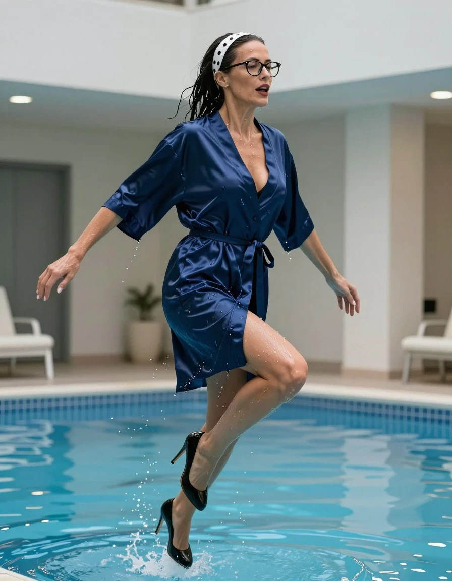 photo of young woman, in soaking wet, drenched clothes,
high-heeled shoes, maxi dark blue Satin housecoat, maxi dark blue Satin housecoat, jumping in indoor swimming pool, 
enjoying, wet clothes stuck to body,
detailed textures of the wet clothes, wet face, wet plastered hair,
wet, drenched, professional, high-quality details, full body view.
sharp focus, ultra-high pixel detail, realistic, high-quality, full colors, incredibly detailed, 4k, 8k, 16k, hyper-realistic, RAW photo, masterpiece, ultra-detailed, professionally color graded, professional photograph, european brunette skinny woman 50 years old, long dark black hair, white polka-dot headband, office glasses, very big and thick lips, complete body, wet skin, wet clothes, damp fabric, wet skin, wet clothes, damp fabric, wet skin, wet clothes, damp fabric, wet skin, wet clothes, damp fabric, wet skin, wet clothes, damp fabric, wet skin, wet clothes, damp fabric, wet skin, wet clothes, damp fabric