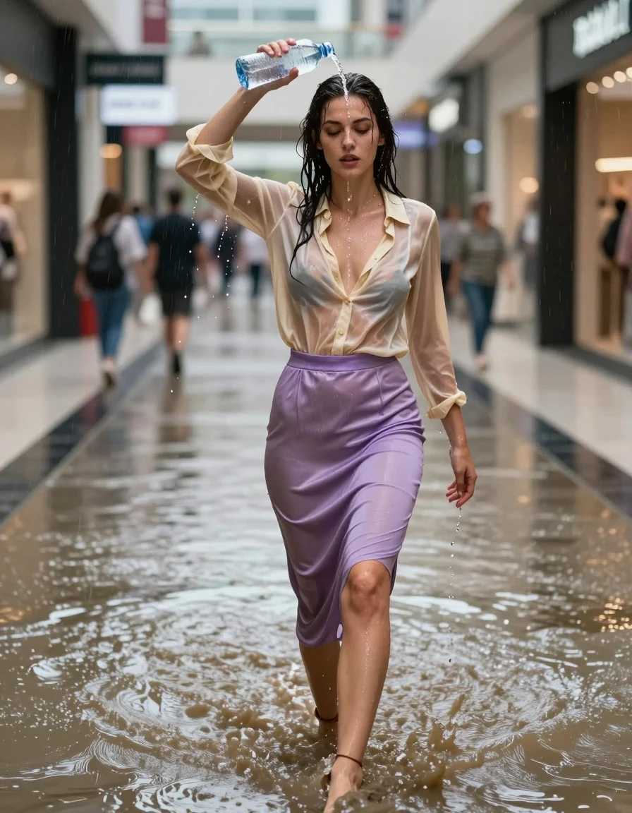 photo of young woman, in soaking wet, drenched clothes,
high-heels, see-throug hlight purple satin silk slim floor-length skirt, tranparent, light golden silk blouse,buttoned, long sleeves, no underwear, walking through the muddy water in the shopping mall pouring a bottle of water over her head, 
enjoying, wet clothes stuck to body,
detailed textures of the wet clothes, wet face, wet plastered hair,
wet, drenched, professional, high-quality details, full body view.
sharp focus, ultra-high pixel detail, realistic, high-quality, full colors, incredibly detailed, 4k, 8k, 16k, hyper-realistic, RAW photo, masterpiece, ultra-detailed, professionally color graded, professional photograph, heavy rain, completely soaked, drenched, dripping wet, visible breasts, wet skin, wet clothes, damp fabric, wet skin, wet clothes, damp fabric, wet skin, wet clothes, damp fabric, wet skin, wet clothes, damp fabric, wet skin, wet clothes, damp fabric