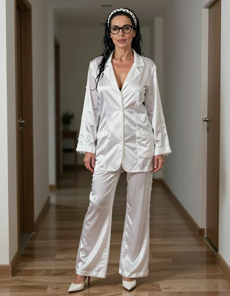photo of young woman, in soaking wet, drenched clothes,
high-heeled shoes, maxi flared white Satin house coat, maxi flared white Satin house coat, on the hall of his house, 
enjoying, wet clothes stuck to body,
detailed textures of the wet clothes, wet face, wet plastered hair,
wet, drenched, professional, high-quality details, full body view.
sharp focus, ultra-high pixel detail, realistic, high-quality, full colors, incredibly detailed, 4k, 8k, 16k, hyper-realistic, RAW photo, masterpiece, ultra-detailed, professionally color graded, professional photograph, european brunette skinny woman 50 years old, long dark black hair, white polka-dot headband, office glasses, very big and thick lips, complete body, wet skin, wet clothes, damp fabric, wet skin, wet clothes, damp fabric, wet skin, wet clothes, damp fabric, wet skin, wet clothes, damp fabric, wet skin, wet clothes, damp fabric, wet skin, wet clothes, damp fabric, wet skin, wet clothes, damp fabric