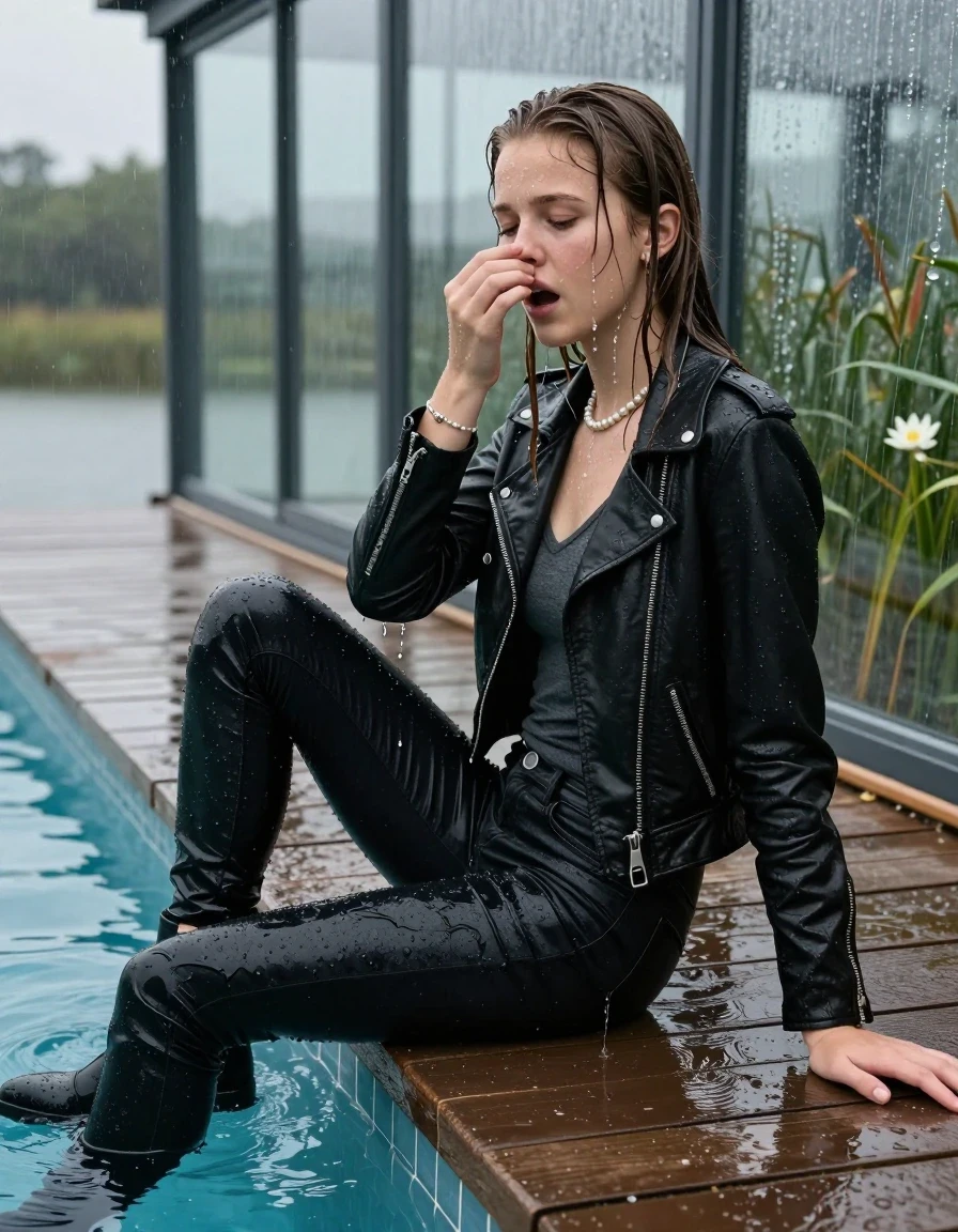 photo of young woman, in soaking wet, drenched clothes,
Black high boots, Thight levis skinny jeans, Black biker leatherjacket, tight v-neck sweater, shoulderbag, pearl necklace, bracelet, wristwatch, jetty by the lake with water lilies and reeds, 
enjoying, wet clothes stuck to body,
detailed textures of the wet clothes, wet face, wet plastered hair,
wet, drenched, professional, high-quality details, full body view.
sharp focus, ultra-high pixel detail, realistic, high-quality, full colors, incredibly detailed, 4k, 8k, 16k, hyper-realistic, RAW photo, masterpiece, ultra-detailed, professionally color graded, professional photograph, A realistic vertical fashion photograph taken from a backward, behind-the-back angle of two Young horny 12-year-old teengirl sitting, leaning forward and let her falling in a glass-walled outdoor swimming pool, facing up to the camera to show her back. 

She is tilting her head at camera, letting the water drench her hair so it is glued flat against her head and body. 
She has  brunette Sleek Long straight hair with braids, completely saturated and dripping wet hair, with water cascading down her face and neck. astonished expression. She is a Little Bit fearful. Hold a hand over her nose. Closed eyes.

The lighting is bright and cinematic, highlighting the glistening water droplets and the saturated texture of her  casual clothes. Outside the large glass wall of the pool building, heavy rain is visible falling against the window. Soft, moody indoor lighting with reflections on the water. High-quality fashion photography style.
her clothing is soaking wet and clinging tightly to her skin, showing heavy wet folds, darkened fabric texture, and deep water-saturated Patches, her clothes are heavy from the water, water runs from her body and her clothes in streams. A lot of water also runs out of her clothes. Her clothes are darkened by the water. 
hyper-realistic wetness, high-contrast water sheen, sharp focus, 16k resolution, professional photography, realistic water physics., wet skin, wet clothes, damp fabric., wet skin, wet clothes, damp fabric, wet skin, wet clothes, damp fabric, wet skin, wet clothes, damp fabric, wet skin, wet clothes, damp fabric, wet skin, wet clothes, damp fabric, wet skin, wet clothes, damp fabric, wet skin, wet clothes, damp fabric, wet skin, wet clothes, damp fabric