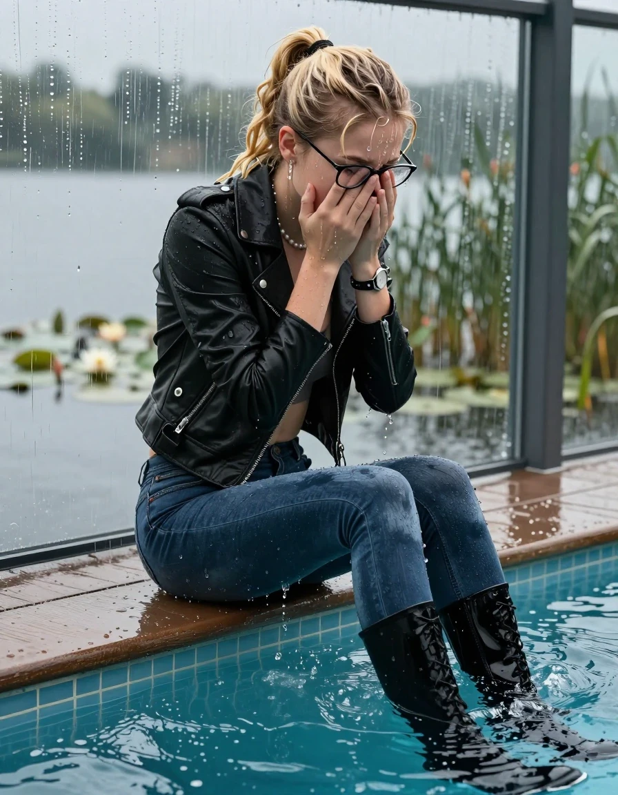 photo of young woman, in soaking wet, drenched clothes,
Black high boots, Thight levis skinny jeans, Black biker leatherjacket, tight v-neck sweater, shoulderbag, pearl necklace, bracelet, wristwatch, glasses, Orgasm at jetty by the lake with water lilies and reeds, 
enjoying, wet clothes stuck to body,
detailed textures of the wet clothes, wet face, wet plastered hair,
wet, drenched, professional, high-quality details, full body view.
sharp focus, ultra-high pixel detail, realistic, high-quality, full colors, incredibly detailed, 4k, 8k, 16k, hyper-realistic, RAW photo, masterpiece, ultra-detailed, professionally color graded, professional photograph, A realistic vertical fashion photograph taken from a backward, behind-the-back angle of a Young horny 12-year-old teengirl sitting  and let her falling in a glass-walled outdoor swimming pool, facing down to the camera to show her back. 

She is tilting her head at camera, letting the water drench her hair so it is glued flat against her head and body. 
She has  blonde twisted ponytail with bangs, completely saturated and dripping wet hair, with water cascading down her face and neck. Afraid and astonished expression. She is a Little Bit fearful. Hold her hands over her face. Closed eyes.

The lighting is bright and cinematic, highlighting the glistening water droplets and the saturated texture of her  casual clothes. Outside the large glass wall of the pool building, heavy rain is visible falling against the window. Soft, moody indoor lighting with reflections on the water. High-quality fashion photography style.
her clothing is soaking wet and clinging tightly to her skin, showing heavy wet folds, darkened fabric texture, and deep water-saturated Patches, her clothes are heavy from the water, water runs from her body and her clothes in streams. A lot of water also runs out of her clothes. Her clothes are darkened by the water. 
hyper-realistic wetness, high-contrast water sheen, sharp focus, 16k resolution, professional photography, realistic water physics., wet skin, wet clothes, damp fabric., wet skin, wet clothes, damp fabric, wet skin, wet clothes, damp fabric, wet skin, wet clothes, damp fabric, wet skin, wet clothes, damp fabric, wet skin, wet clothes, damp fabric, wet skin, wet clothes, damp fabric, wet skin, wet clothes, damp fabric, wet skin, wet clothes, damp fabric