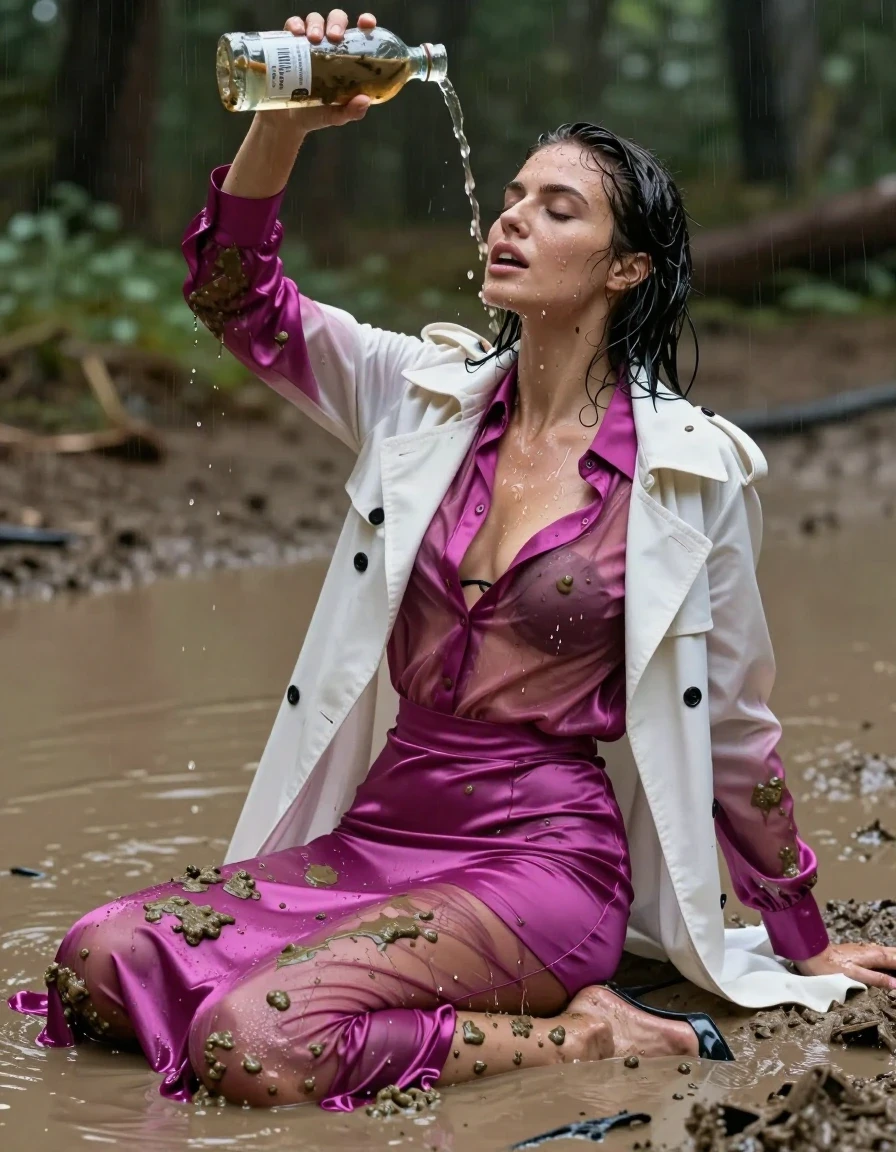 photo of young woman, in soaking wet, drenched clothes,
high-heels, see-through, oversized magenta satin silk slim floor-length skirt, see-through, tranparent, oversized magenta satin silk blouse, buttoned, long sleeves, white trench coat, sitting in a muddy puddle in the muddy water in the woods, pouring a bottle of muddy water over her head, 
enjoying, wet clothes stuck to body,
detailed textures of the wet clothes, wet face, wet plastered hair,
wet, drenched, professional, high-quality details, full body view.
sharp focus, ultra-high pixel detail, realistic, high-quality, full colors, incredibly detailed, 4k, 8k, 16k, hyper-realistic, RAW photo, masterpiece, ultra-detailed, professionally color graded, professional photograph, muddy clothes, heavy rain, completely soaked, drenched, dripping wet, visible breasts, wet skin, wet clothes, damp fabric, wet skin, wet clothes, damp fabric, wet skin, wet clothes, damp fabric, wet skin, wet clothes, damp fabric, wet skin, wet clothes, damp fabric, wet skin, wet clothes, damp fabric