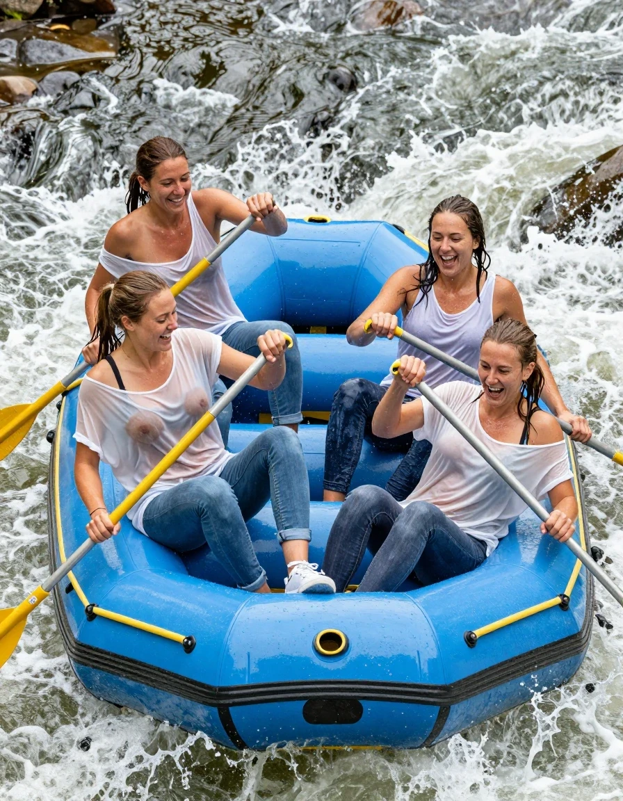 photo of young woman, in soaking wet, drenched clothes,
sneakers, blue jeans, oversized summer top, no bra, wild river, 
enjoying, wet clothes stuck to body,
detailed textures of the wet clothes, wet face, wet plastered hair,
wet, drenched, professional, high-quality details, full body view.
sharp focus, ultra-high pixel detail, realistic, high-quality, full colors, incredibly detailed, 4k, 8k, 16k, hyper-realistic, RAW photo, masterpiece, ultra-detailed, professionally color graded, professional photograph, four 25 year old nordic girls in a inflatable rafting boat do a wild water rafting. all four girls wear jeans and a thin oversized top. the river is very wild.  Water splashes into the boat from all sides, drenching the women. Spray splashes onto the women. Their clothing is completely soaked and clings to their bodies. Each woman holds an oar and is paddling. The women are laughing heartily. None of the women are wearing a bra under the shirt; the thin fabric perfectly outlines the shape of their breasts and nipples. show a dynamic photo, whenn the boat capsizes, all girls fall into the river, wet skin, wet clothes, damp fabric