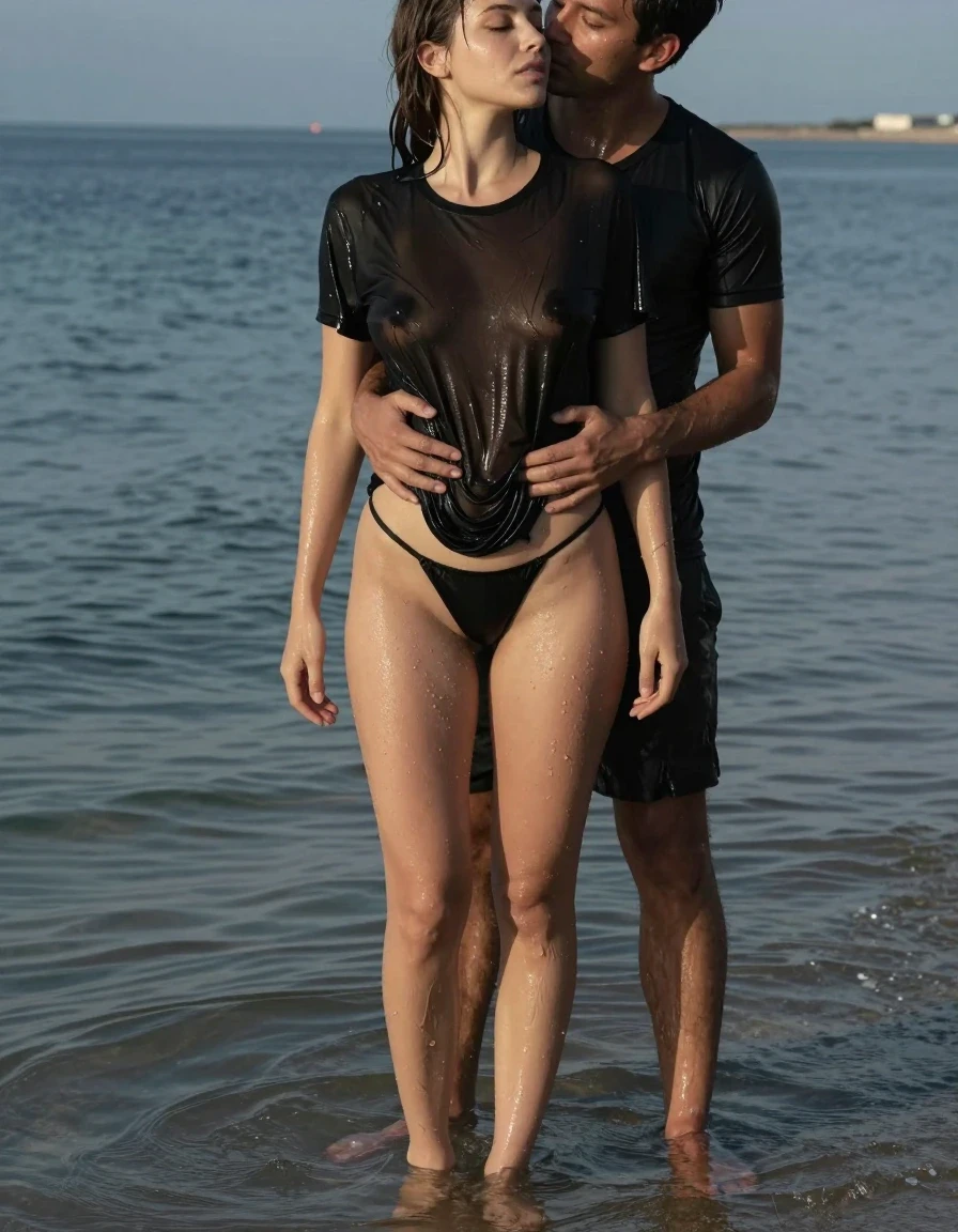 A photorealistic medium shot of a young adult European woman at a beach, standing in waist-deep ocean water. She is barefoot, wearing a black thong and a translucent, soaking-wet black t-shirt that is completely drenched, clinging tightly to her skin and body. The fabric is saturated, dark, and heavy with water, revealing the clear outline of her nipples pressing through the wet material. A man stands behind her, embracing her from behind, his hands reaching underneath the hem of her wet shirt to touch her waist, while he gently kisses her neck. The woman's skin is slick with water, her hair is wet and matted, and the water surface reflects the ambient daylight. The scene captures high-contrast wet textures, realistic skin sheen, and the heavy, clinging drape of the saturated fabric. Cinematic lighting, 8k resolution, highly detailed, sharp focus, professional photography.