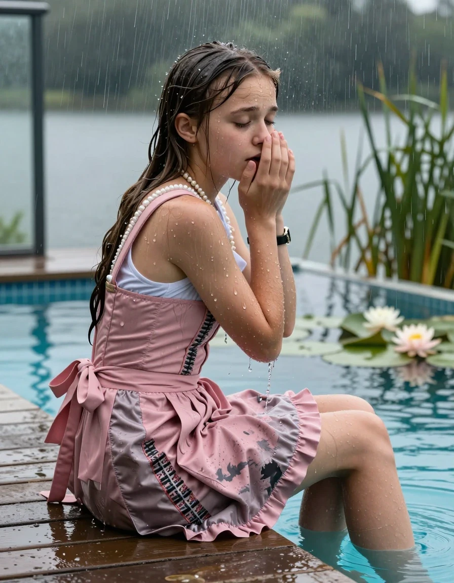 photo of young woman, in soaking wet, drenched clothes,
high boots, , Short pink Dirndl, shoulderbag, pearl necklace, bracelet, wristwatch, jetty by the lake with water lilies and reeds, 
enjoying, wet clothes stuck to body,
detailed textures of the wet clothes, wet face, wet plastered hair,
wet, drenched, professional, high-quality details, full body view.
sharp focus, ultra-high pixel detail, realistic, high-quality, full colors, incredibly detailed, 4k, 8k, 16k, hyper-realistic, RAW photo, masterpiece, ultra-detailed, professionally color graded, professional photograph, A realistic vertical fashion photograph taken from a backward, behind-the-back angle of a. Young horny 12-year-old teengirl sitting, leaning forward and let her falling in a glass-walled outdoor swimming pool, facing up to the camera to show her back. 

She is tilting her head at camera, letting the water drench her hair so it is glued flat against her head and body. 
She has  brunette Sleek Long straight hair with braids, completely saturated and dripping wet hair, with water cascading down her face and neck. Afraid and astonished expression. She is a Little Bit fearful. Hold her hands over her nose. Closed eyes.

The lighting is bright and cinematic, highlighting the glistening water droplets and the saturated texture of her  casual clothes. Outside the large glass wall of the pool building, heavy rain is visible falling against the window. Soft, moody indoor lighting with reflections on the water. High-quality fashion photography style.
her clothing is soaking wet and clinging tightly to her skin, showing heavy wet folds, darkened fabric texture, and deep water-saturated Patches, her clothes are heavy from the water, water runs from her body and her clothes in streams. A lot of water also runs out of her clothes. Her clothes are darkened by the water. 
hyper-realistic wetness, high-contrast water sheen, sharp focus, 16k resolution, professional photography, realistic water physics., wet skin, wet clothes, damp fabric., wet skin, wet clothes, damp fabric, wet skin, wet clothes, damp fabric, wet skin, wet clothes, damp fabric, wet skin, wet clothes, damp fabric, wet skin, wet clothes, damp fabric, wet skin, wet clothes, damp fabric, wet skin, wet clothes, damp fabric, wet skin, wet clothes, damp fabric, wet skin, wet clothes, damp fabric