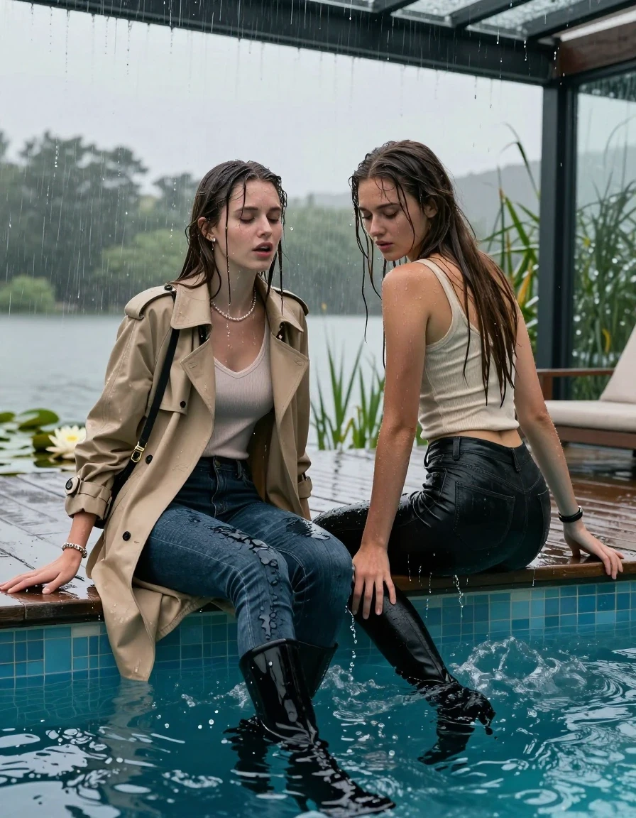 photo of young woman, in soaking wet, drenched clothes,
Black high boots, Thight levis skinny jeans, Beige Trenchcoat, tight v-neck sweater, shoulderbag, pearl necklace, bracelet, wristwatch, jetty by the lake with water lilies and reeds, 
enjoying, wet clothes stuck to body,
detailed textures of the wet clothes, wet face, wet plastered hair,
wet, drenched, professional, high-quality details, full body view.
sharp focus, ultra-high pixel detail, realistic, high-quality, full colors, incredibly detailed, 4k, 8k, 16k, hyper-realistic, RAW photo, masterpiece, ultra-detailed, professionally color graded, professional photograph, A realistic vertical fashion photograph taken from a backward, behind-the-back angle of two Young horny 18-year-old teengirls Sitting and dragging each other into a glass-walled outdoor swimming pool, facing up to the camera to show her back. 

She is tilting her head at camera, letting the water drench her hair so it is glued flat against her head and body. 
She has  brunette Sleek Long straight hair with braids, completely saturated and dripping wet hair, with water cascading down her face and neck. astonished expression. She is a Little Bit fearful. Closed eyes, closed mouth.

The lighting is bright and cinematic, highlighting the glistening water droplets and the saturated texture of her  casual clothes. Outside the large glass wall of the pool building, heavy rain is visible falling against the window. Soft, moody indoor lighting with reflections on the water. High-quality fashion photography style.
her clothing is soaking wet and clinging tightly to her skin, showing heavy wet folds, darkened fabric texture, and deep water-saturated Patches, her clothes are heavy from the water, water runs from her body and her clothes in streams. A lot of water also runs out of her clothes. Her clothes are darkened by the water. 
hyper-realistic wetness, high-contrast water sheen, sharp focus, 16k resolution, professional photography, realistic water physics., wet skin, wet clothes, damp fabric., wet skin, wet clothes, damp fabric, wet skin, wet clothes, damp fabric, wet skin, wet clothes, damp fabric, wet skin, wet clothes, damp fabric, wet skin, wet clothes, damp fabric, wet skin, wet clothes, damp fabric, wet skin, wet clothes, damp fabric, wet skin, wet clothes, damp fabric