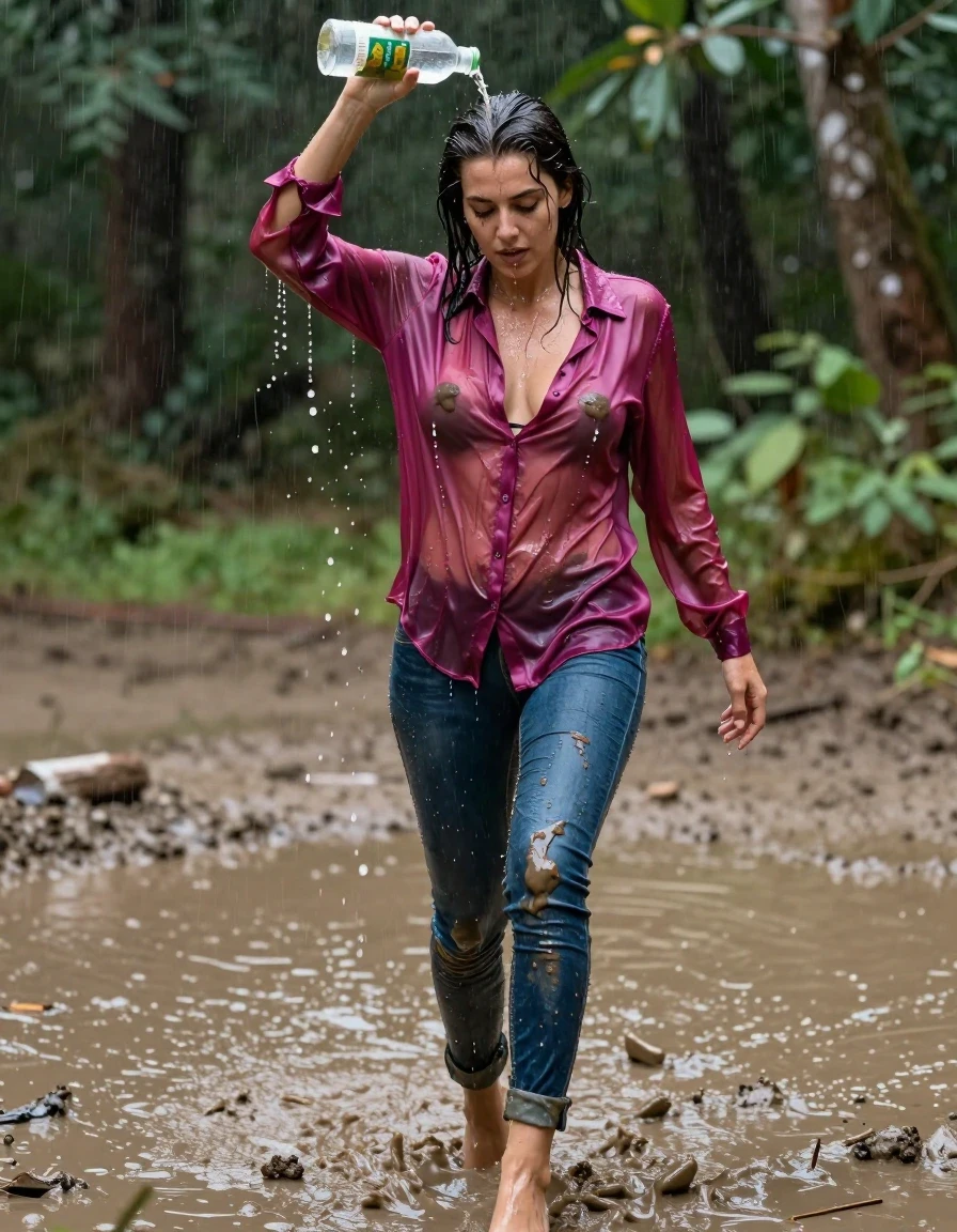 photo of young woman, in soaking wet, drenched clothes,
high-heels, blue jeans, dripping wet, shiny, see-through, tranparent, oversized magenta satin silk blouse, buttoned, long sleeves, no bra, shower, walking in a muddy puddle in the muddy water in the woods, pouring a bottle of muddy water over her head, 
enjoying, wet clothes stuck to body,
detailed textures of the wet clothes, wet face, wet plastered hair,
wet, drenched, professional, high-quality details, full body view.
sharp focus, ultra-high pixel detail, realistic, high-quality, full colors, incredibly detailed, 4k, 8k, 16k, hyper-realistic, RAW photo, masterpiece, ultra-detailed, professionally color graded, professional photograph, muddy clothes, heavy rain, completely soaked, drenched, dripping wet, visible breasts, wet skin, mud in her hair, wet clothes, damp fabric, wet skin, wet clothes, damp fabric, wet skin, wet clothes, damp fabric, wet skin, wet clothes, damp fabric, wet clothes, damp fabric, wet skin, wet clothes, damp fabric