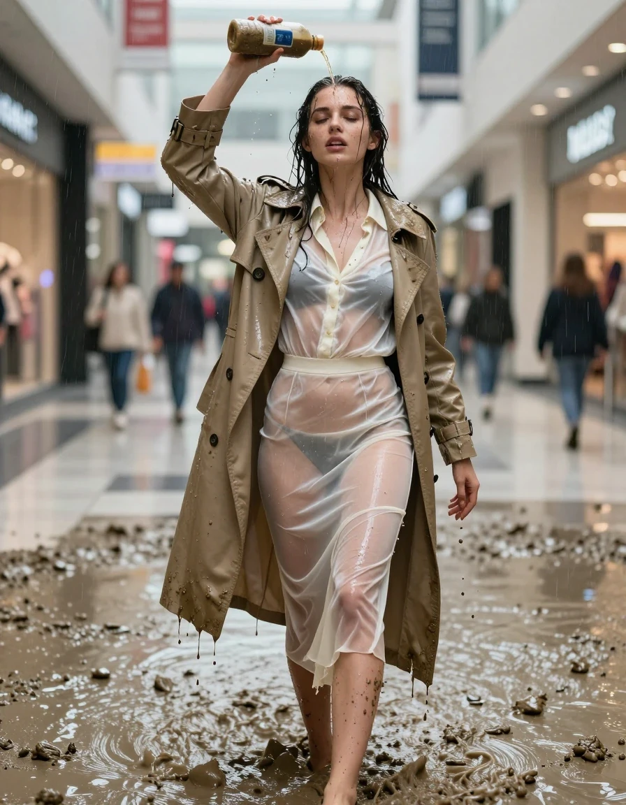 photo of young woman, in soaking wet, drenched clothes,
high-heels, see-through, transparent, crean white satin silk slim floor-length skirt, see-through, tranparent, cream white satin silk blouse, buttoned, long sleeves, trench coat, standing in a muddy shower in the muddy water in the shopping mall, pouring a bottle of muddy water over her head, 
enjoying, wet clothes stuck to body,
detailed textures of the wet clothes, wet face, wet plastered hair,
wet, drenched, professional, high-quality details, full body view.
sharp focus, ultra-high pixel detail, realistic, high-quality, full colors, incredibly detailed, 4k, 8k, 16k, hyper-realistic, RAW photo, masterpiece, ultra-detailed, professionally color graded, professional photograph, muddy clothes, heavy rain, completely soaked, drenched, dripping wet, visible breasts, wet skin, wet clothes, damp fabric, wet skin, wet clothes, damp fabric, wet skin, wet clothes, damp fabric, wet skin, wet clothes, damp fabric, wet skin, wet clothes, damp fabric, wet skin, wet clothes, damp fabric