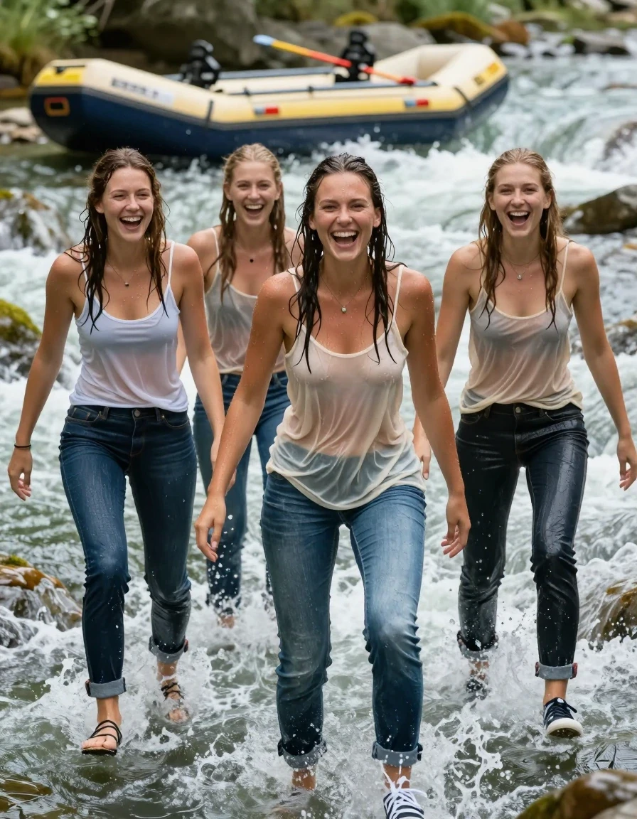 photo of young woman, in soaking wet, drenched clothes,
sneakers, blue jeans, oversized summer top, no bra, wild river, emty rafting boat in the background, 
enjoying, wet clothes stuck to body,
detailed textures of the wet clothes, wet face, wet plastered hair,
wet, drenched, professional, high-quality details, full body view.
sharp focus, ultra-high pixel detail, realistic, high-quality, full colors, incredibly detailed, 4k, 8k, 16k, hyper-realistic, RAW photo, masterpiece, ultra-detailed, professionally color graded, professional photograph, four 25 year old nordic girls swimm in al a wild river after rafting tour. All four girls wear jeans and a thin oversized top and no bra. the river is very wild. Their clothes are completely soaked and clings to their bodies. Their wet jeans glisten in the sun. The women are laughing heartily. the thin fabric perfectly outlines the shape of their boobs. wet skin, wet clothes, damp fabric, wet skin, wet clothes, damp fabric