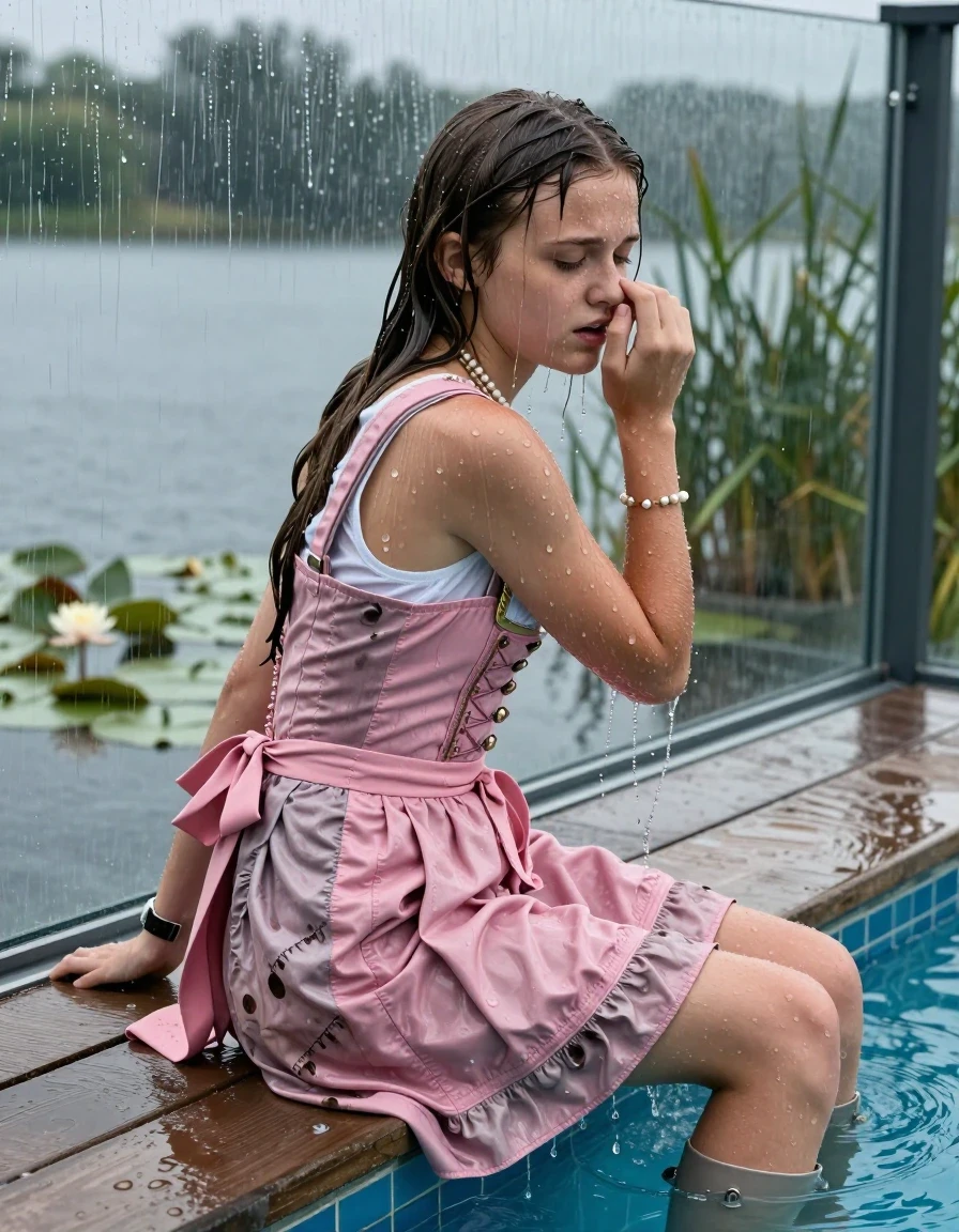photo of young woman, in soaking wet, drenched clothes,
high boots, , Short pink Dirndl, shoulderbag, pearl necklace, bracelet, wristwatch, jetty by the lake with water lilies and reeds, 
enjoying, wet clothes stuck to body,
detailed textures of the wet clothes, wet face, wet plastered hair,
wet, drenched, professional, high-quality details, full body view.
sharp focus, ultra-high pixel detail, realistic, high-quality, full colors, incredibly detailed, 4k, 8k, 16k, hyper-realistic, RAW photo, masterpiece, ultra-detailed, professionally color graded, professional photograph, A realistic vertical fashion photograph taken from a backward, behind-the-back angle of two Young horny 12-year-old teengirl sitting, leaning forward and let her falling in a glass-walled outdoor swimming pool, facing up to the camera to show her back. 

She is tilting her head at camera, letting the water drench her hair so it is glued flat against her head and body. 
She has  brunette Sleek Long straight hair with braids, completely saturated and dripping wet hair, with water cascading down her face and neck. Afraid and astonished expression. She is a Little Bit fearful. Hold a hand over her nose. Closed eyes.

The lighting is bright and cinematic, highlighting the glistening water droplets and the saturated texture of her  casual clothes. Outside the large glass wall of the pool building, heavy rain is visible falling against the window. Soft, moody indoor lighting with reflections on the water. High-quality fashion photography style.
her clothing is soaking wet and clinging tightly to her skin, showing heavy wet folds, darkened fabric texture, and deep water-saturated Patches, her clothes are heavy from the water, water runs from her body and her clothes in streams. A lot of water also runs out of her clothes. Her clothes are darkened by the water. 
hyper-realistic wetness, high-contrast water sheen, sharp focus, 16k resolution, professional photography, realistic water physics., wet skin, wet clothes, damp fabric., wet skin, wet clothes, damp fabric, wet skin, wet clothes, damp fabric, wet skin, wet clothes, damp fabric, wet skin, wet clothes, damp fabric, wet skin, wet clothes, damp fabric, wet skin, wet clothes, damp fabric, wet skin, wet clothes, damp fabric, wet skin, wet clothes, damp fabric, wet skin, wet clothes, damp fabric