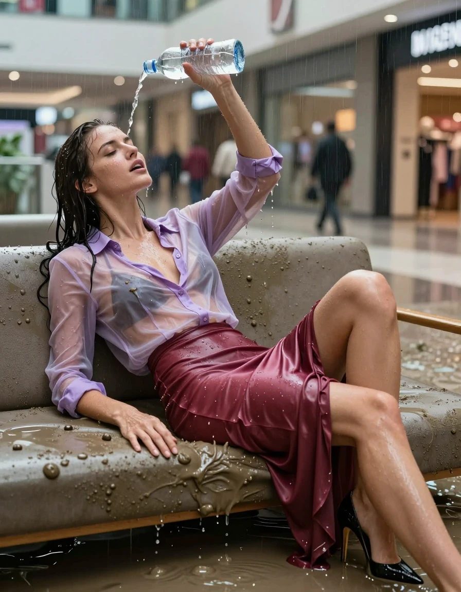 photo of young woman, in soaking wet, drenched clothes,
high-heels, see-throug, transparent, light red satin silk slim floor-length skirt, tranparent, light purple silk blouse,buttoned, long sleeves, no underwear, lying on a muddy couch in the muddy water in the shopping mall pouring a bottle of water over her head, 
enjoying, wet clothes stuck to body,
detailed textures of the wet clothes, wet face, wet plastered hair,
wet, drenched, professional, high-quality details, full body view.
sharp focus, ultra-high pixel detail, realistic, high-quality, full colors, incredibly detailed, 4k, 8k, 16k, hyper-realistic, RAW photo, masterpiece, ultra-detailed, professionally color graded, professional photograph, heavy rain, completely soaked, drenched, dripping wet, visible breasts, wet skin, wet clothes, damp fabric, wet skin, wet clothes, damp fabric, wet skin, wet clothes, damp fabric, wet skin, wet clothes, damp fabric, wet skin, wet clothes, damp fabric, wet skin, wet clothes, damp fabric