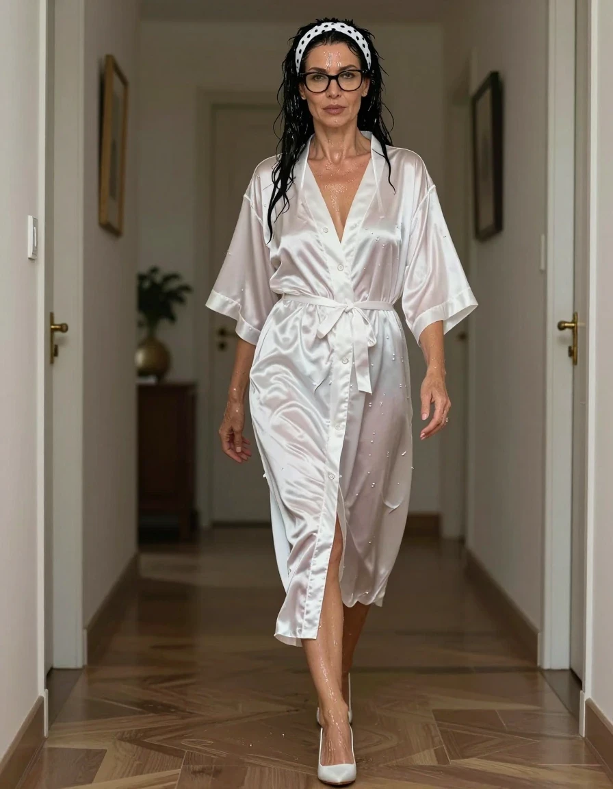 photo of young woman, in soaking wet, drenched clothes,
high-heeled shoes, maxi white Satin dress housecoat, maxi white Satin dress housecoat, walking on the hall of his house, 
enjoying, wet clothes stuck to body,
detailed textures of the wet clothes, wet face, wet plastered hair,
wet, drenched, professional, high-quality details, full body view.
sharp focus, ultra-high pixel detail, realistic, high-quality, full colors, incredibly detailed, 4k, 8k, 16k, hyper-realistic, RAW photo, masterpiece, ultra-detailed, professionally color graded, professional photograph, european brunette skinny woman 50 years old, long dark black hair, white polka-dot headband, office glasses, very big and thick lips, complete body, wet skin, wet clothes, damp fabric, wet skin, wet clothes, damp fabric, wet skin, wet clothes, damp fabric, wet skin, wet clothes, damp fabric, wet skin, wet clothes, damp fabric, wet skin, wet clothes, damp fabric, wet skin, wet clothes, damp fabric