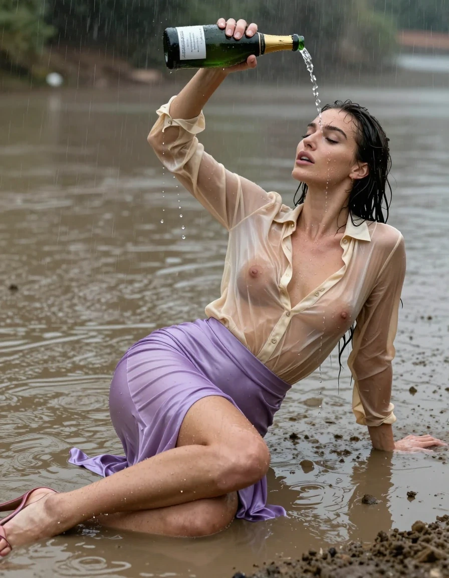 photo of young woman, in soaking wet, drenched clothes,
high-heels, see-throug hlight purple satin silk slim floor-length skirt, tranparent, light golden silk blouse,buttoned, long sleeves, no underwear, lying in the muddy mud lake in the water, 
enjoying, wet clothes stuck to body,
detailed textures of the wet clothes, wet face, wet plastered hair,
wet, drenched, professional, high-quality details, full body view.
sharp focus, ultra-high pixel detail, realistic, high-quality, full colors, incredibly detailed, 4k, 8k, 16k, hyper-realistic, RAW photo, masterpiece, ultra-detailed, professionally color graded, professional photograph, heavy rain, completely soaked, drenched, dripping wet, visible breasts, she pours a bottle of champagne over her head, wet skin, wet clothes, damp fabric, wet skin, wet clothes, damp fabric, wet skin, wet clothes, damp fabric, wet skin, wet clothes, damp fabric