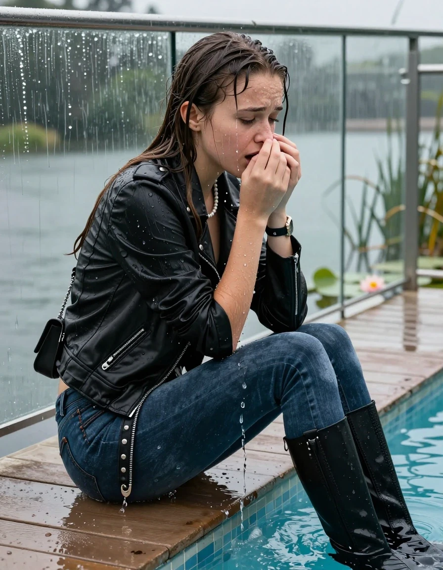 photo of young woman, in soaking wet, drenched clothes,
Black high boots, Thight levis skinny jeans, Black biker leatherjacket, tight v-neck sweater, shoulderbag, pearl necklace, bracelet, wristwatch, jetty by the lake with water lilies and reeds, 
enjoying, wet clothes stuck to body,
detailed textures of the wet clothes, wet face, wet plastered hair,
wet, drenched, professional, high-quality details, full body view.
sharp focus, ultra-high pixel detail, realistic, high-quality, full colors, incredibly detailed, 4k, 8k, 16k, hyper-realistic, RAW photo, masterpiece, ultra-detailed, professionally color graded, professional photograph, A realistic vertical fashion photograph taken from a backward, behind-the-back angle of two Young horny 12-year-old teengirl sitting, leaning forward and let her falling in a glass-walled outdoor swimming pool, facing up to the camera to show her back. 

She is tilting her head at camera, letting the water drench her hair so it is glued flat against her head and body. 
She has  brunette Sleek Long straight hair with braids, completely saturated and dripping wet hair, with water cascading down her face and neck. Afraid and astonished expression. She is a Little Bit fearful. Hold a hand over her nose. Closed eyes.

The lighting is bright and cinematic, highlighting the glistening water droplets and the saturated texture of her  casual clothes. Outside the large glass wall of the pool building, heavy rain is visible falling against the window. Soft, moody indoor lighting with reflections on the water. High-quality fashion photography style.
her clothing is soaking wet and clinging tightly to her skin, showing heavy wet folds, darkened fabric texture, and deep water-saturated Patches, her clothes are heavy from the water, water runs from her body and her clothes in streams. A lot of water also runs out of her clothes. Her clothes are darkened by the water. 
hyper-realistic wetness, high-contrast water sheen, sharp focus, 16k resolution, professional photography, realistic water physics., wet skin, wet clothes, damp fabric., wet skin, wet clothes, damp fabric, wet skin, wet clothes, damp fabric, wet skin, wet clothes, damp fabric, wet skin, wet clothes, damp fabric, wet skin, wet clothes, damp fabric, wet skin, wet clothes, damp fabric, wet skin, wet clothes, damp fabric, wet skin, wet clothes, damp fabric