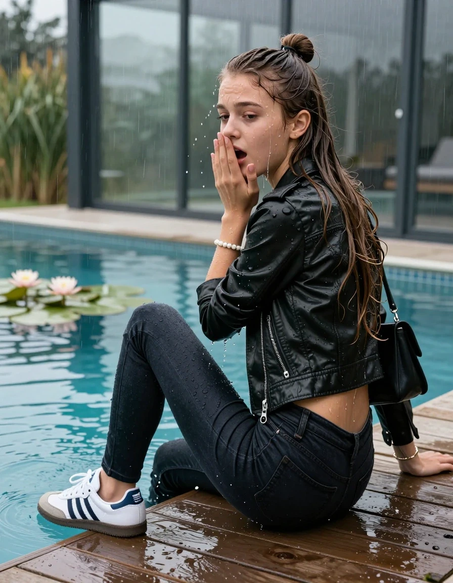 photo of young woman, in soaking wet, drenched clothes,
White Adidas Samba , Tight dark Levis skinny jeans, biker leatherjacket, crop top, shoulderbag, pearl necklace, bracelet, wristwatch, jetty by the lake with water lilies and reeds, 
enjoying, wet clothes stuck to body,
detailed textures of the wet clothes, wet face, wet plastered hair,
wet, drenched, professional, high-quality details, full body view.
sharp focus, ultra-high pixel detail, realistic, high-quality, full colors, incredibly detailed, 4k, 8k, 16k, hyper-realistic, RAW photo, masterpiece, ultra-detailed, professionally color graded, professional photograph, A realistic vertical fashion photograph taken from a backward, behind-the-back angle of a. Young horny 12-year-old teengirl sitting, leaning forward and let her falling in a glass-walled outdoor swimming pool, facing up to the camera to show her back. 

She is tilting her head at camera, letting the water drench her hair so it is glued flat against her head and body. 
She has  brunette Sleek Long straight hair with a topknot, completely saturated and dripping wet hair, with water cascading down her face and neck. Afraid and astonished expression. She is a Little Bit fearful. Hold her hands over her mouth. Closed eyes.

The lighting is bright and cinematic, highlighting the glistening water droplets and the saturated texture of her  casual clothes. Outside the large glass wall of the pool building, heavy rain is visible falling against the window. Soft, moody indoor lighting with reflections on the water. High-quality fashion photography style.
her clothing is soaking wet and clinging tightly to her skin, showing heavy wet  darkened fabric texture, her clothes are heavy from the water, water runs from her body and her clothes in streams. A lot of water also runs out of her clothes. Her clothes are darkened by the water. 
hyper-realistic wetness, high-contrast water sheen, sharp focus, 16k resolution, professional photography, realistic water physics., wet skin, wet clothes, damp fabric., wet skin, wet clothes, damp fabric, wet skin, wet clothes, damp fabric, wet skin, wet clothes, damp fabric, wet skin, wet clothes, damp fabric, wet skin, wet clothes, damp fabric, wet skin, wet clothes, damp fabric, wet skin, wet clothes, damp fabric, wet skin, wet clothes, damp fabric, wet skin, wet clothes, damp fabric