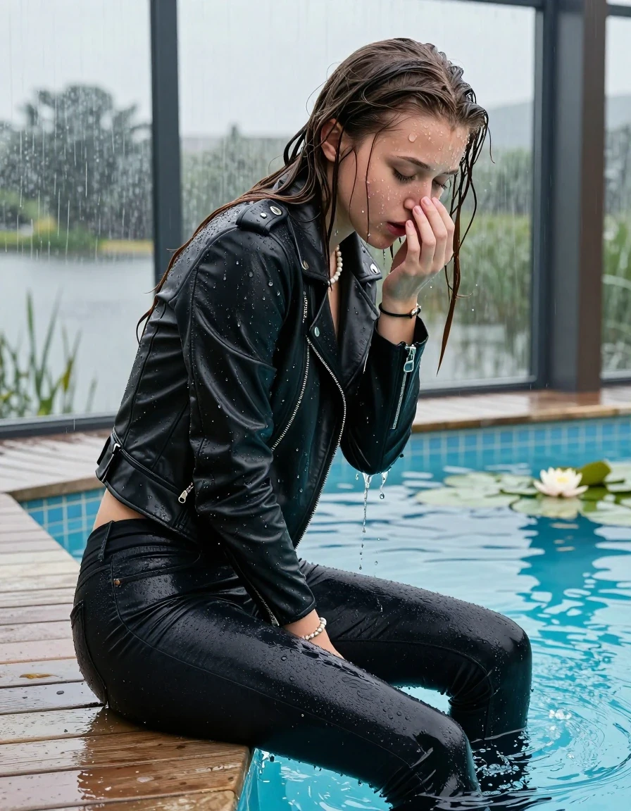 photo of young woman, in soaking wet, drenched clothes,
Black high boots, Thight levis skinny jeans, Black biker leatherjacket, tight v-neck sweater, shoulderbag, pearl necklace, bracelet, wristwatch, jetty by the lake with water lilies and reeds, 
enjoying, wet clothes stuck to body,
detailed textures of the wet clothes, wet face, wet plastered hair,
wet, drenched, professional, high-quality details, full body view.
sharp focus, ultra-high pixel detail, realistic, high-quality, full colors, incredibly detailed, 4k, 8k, 16k, hyper-realistic, RAW photo, masterpiece, ultra-detailed, professionally color graded, professional photograph, A realistic vertical fashion photograph taken from a backward, behind-the-back angle of two Young horny 12-year-old teengirl sitting, leaning forward and let her falling in a glass-walled outdoor swimming pool, facing up to the camera to show her back. 

She is tilting her head at camera, letting the water drench her hair so it is glued flat against her head and body. 
She has  brunette Sleek Long straight hair with braids, completely saturated and dripping wet hair, with water cascading down her face and neck. Afraid and astonished expression. She is a Little Bit fearful. Hold a hand over her nose. Closed eyes.

The lighting is bright and cinematic, highlighting the glistening water droplets and the saturated texture of her  casual clothes. Outside the large glass wall of the pool building, heavy rain is visible falling against the window. Soft, moody indoor lighting with reflections on the water. High-quality fashion photography style.
her clothing is soaking wet and clinging tightly to her skin, showing heavy wet folds, darkened fabric texture, and deep water-saturated Patches, her clothes are heavy from the water, water runs from her body and her clothes in streams. A lot of water also runs out of her clothes. Her clothes are darkened by the water. 
hyper-realistic wetness, high-contrast water sheen, sharp focus, 16k resolution, professional photography, realistic water physics., wet skin, wet clothes, damp fabric., wet skin, wet clothes, damp fabric, wet skin, wet clothes, damp fabric, wet skin, wet clothes, damp fabric, wet skin, wet clothes, damp fabric, wet skin, wet clothes, damp fabric, wet skin, wet clothes, damp fabric, wet skin, wet clothes, damp fabric, wet skin, wet clothes, damp fabric
