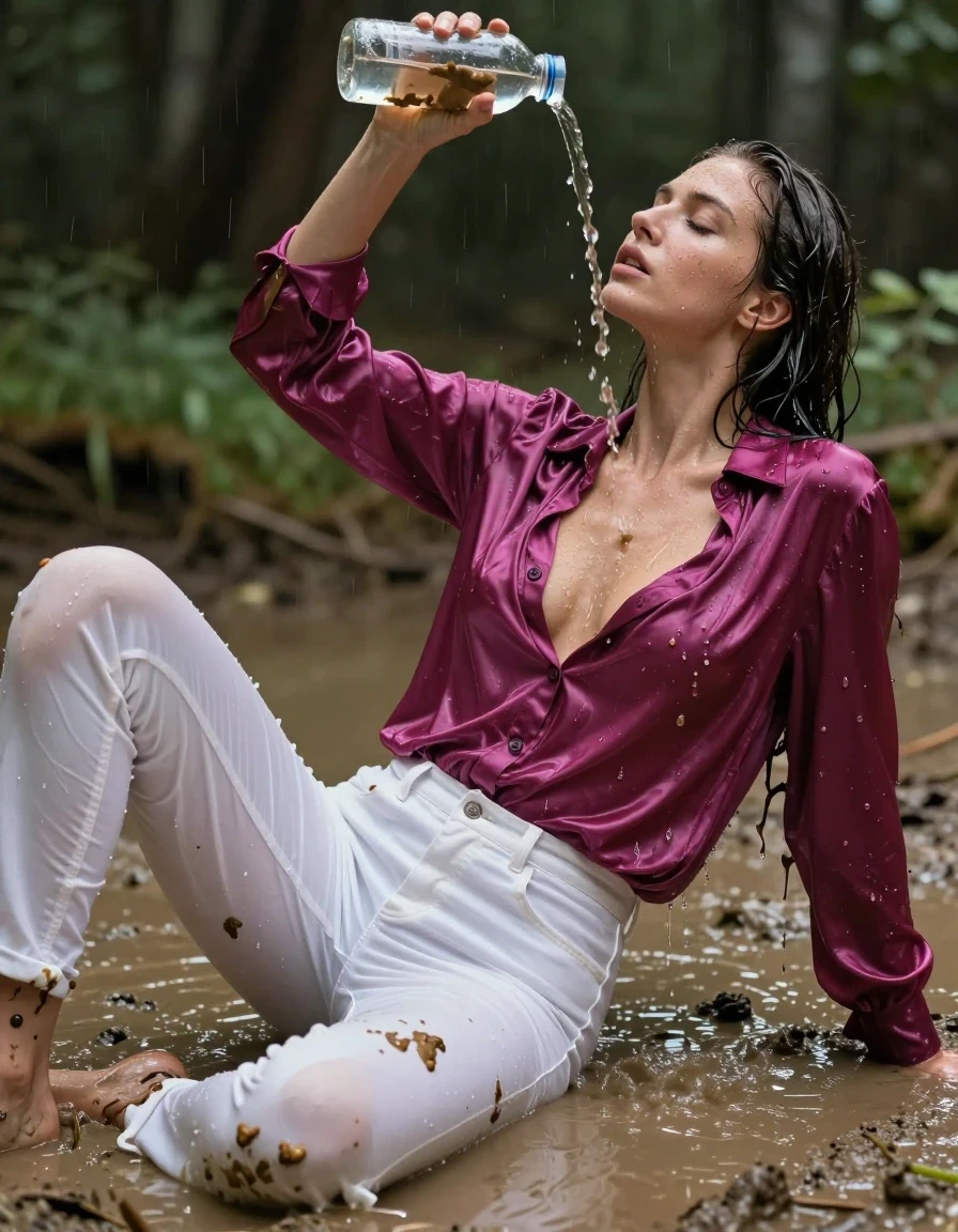 photo of young woman, in soaking wet, drenched clothes,
, white long jeans, dripping wet, shiny, see-through, tranparent, oversized long magenta satin silk blouse, buttoned, long sleeves, no bra, shower, lying in a knee deep muddy puddle in the muddy water in the woods, pouring a bottle of muddy water over her head, 
enjoying, wet clothes stuck to body,
detailed textures of the wet clothes, wet face, wet plastered hair,
wet, drenched, professional, high-quality details, full body view.
sharp focus, ultra-high pixel detail, realistic, high-quality, full colors, incredibly detailed, 4k, 8k, 16k, hyper-realistic, RAW photo, masterpiece, ultra-detailed, professionally color graded, professional photograph, pourin water on her breasts, muddy clothes, heavy rain, completely soaked, drenched, dripping wet, visible breasts, wet skin, mud in her hair, wet clothes, damp fabric, wet skin, wet clothes, damp fabric, wet skin, wet clothes, damp fabric, wet skin, wet clothes, damp fabric, wet clothes, damp fabric, wet skin, wet clothes, damp fabric