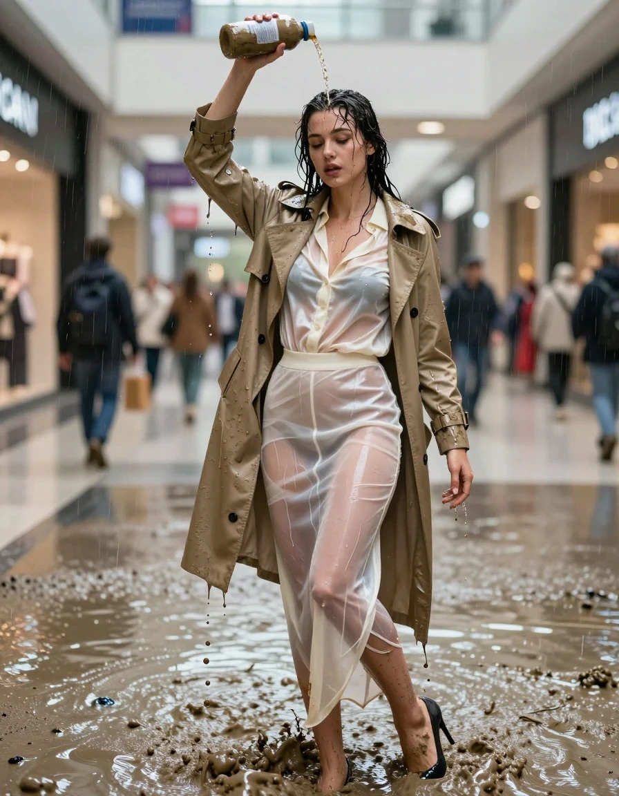 photo of young woman, in soaking wet, drenched clothes,
high-heels, see-through, transparent, crean white satin silk slim floor-length skirt, see-through, tranparent, cream white satin silk blouse, buttoned, long sleeves, trench coat, standing in a muddy shower in the muddy water in the shopping mall, pouring a bottle of muddy water over her head, 
enjoying, wet clothes stuck to body,
detailed textures of the wet clothes, wet face, wet plastered hair,
wet, drenched, professional, high-quality details, full body view.
sharp focus, ultra-high pixel detail, realistic, high-quality, full colors, incredibly detailed, 4k, 8k, 16k, hyper-realistic, RAW photo, masterpiece, ultra-detailed, professionally color graded, professional photograph, muddy clothes, heavy rain, completely soaked, drenched, dripping wet, visible breasts, wet skin, wet clothes, damp fabric, wet skin, wet clothes, damp fabric, wet skin, wet clothes, damp fabric, wet skin, wet clothes, damp fabric, wet skin, wet clothes, damp fabric, wet skin, wet clothes, damp fabric