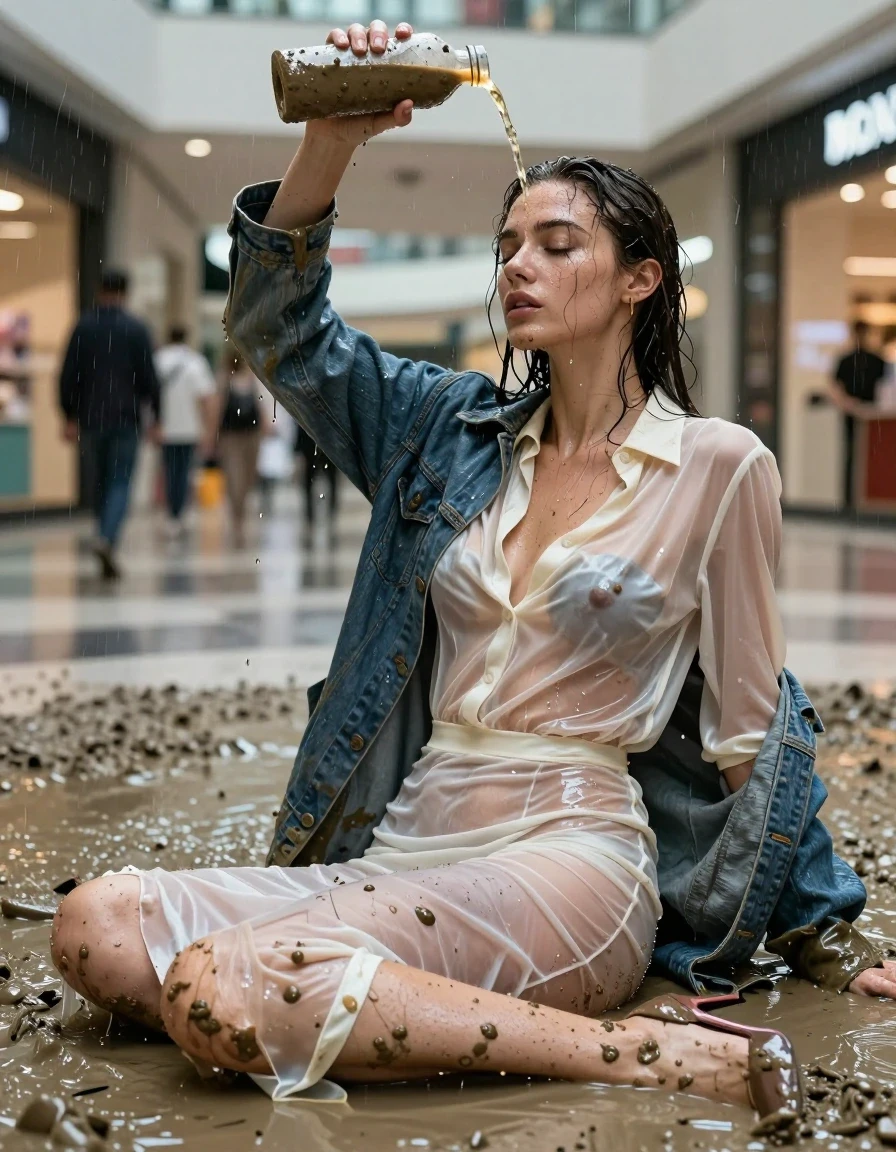 photo of young woman, in soaking wet, drenched clothes,
high-heels, see-through, transparent, crean white satin silk slim floor-length skirt, see-through, tranparent, cream white satin silk blouse, buttoned, long sleeves, jeans coat, sitting in a muddy shower in the muddy water in the shopping mall, pouring a bottle of muddy water over her head, 
enjoying, wet clothes stuck to body,
detailed textures of the wet clothes, wet face, wet plastered hair,
wet, drenched, professional, high-quality details, full body view.
sharp focus, ultra-high pixel detail, realistic, high-quality, full colors, incredibly detailed, 4k, 8k, 16k, hyper-realistic, RAW photo, masterpiece, ultra-detailed, professionally color graded, professional photograph, muddy clothes, heavy rain, completely soaked, drenched, dripping wet, visible breasts, wet skin, wet clothes, damp fabric, wet skin, wet clothes, damp fabric, wet skin, wet clothes, damp fabric, wet skin, wet clothes, damp fabric, wet skin, wet clothes, damp fabric, wet skin, wet clothes, damp fabric